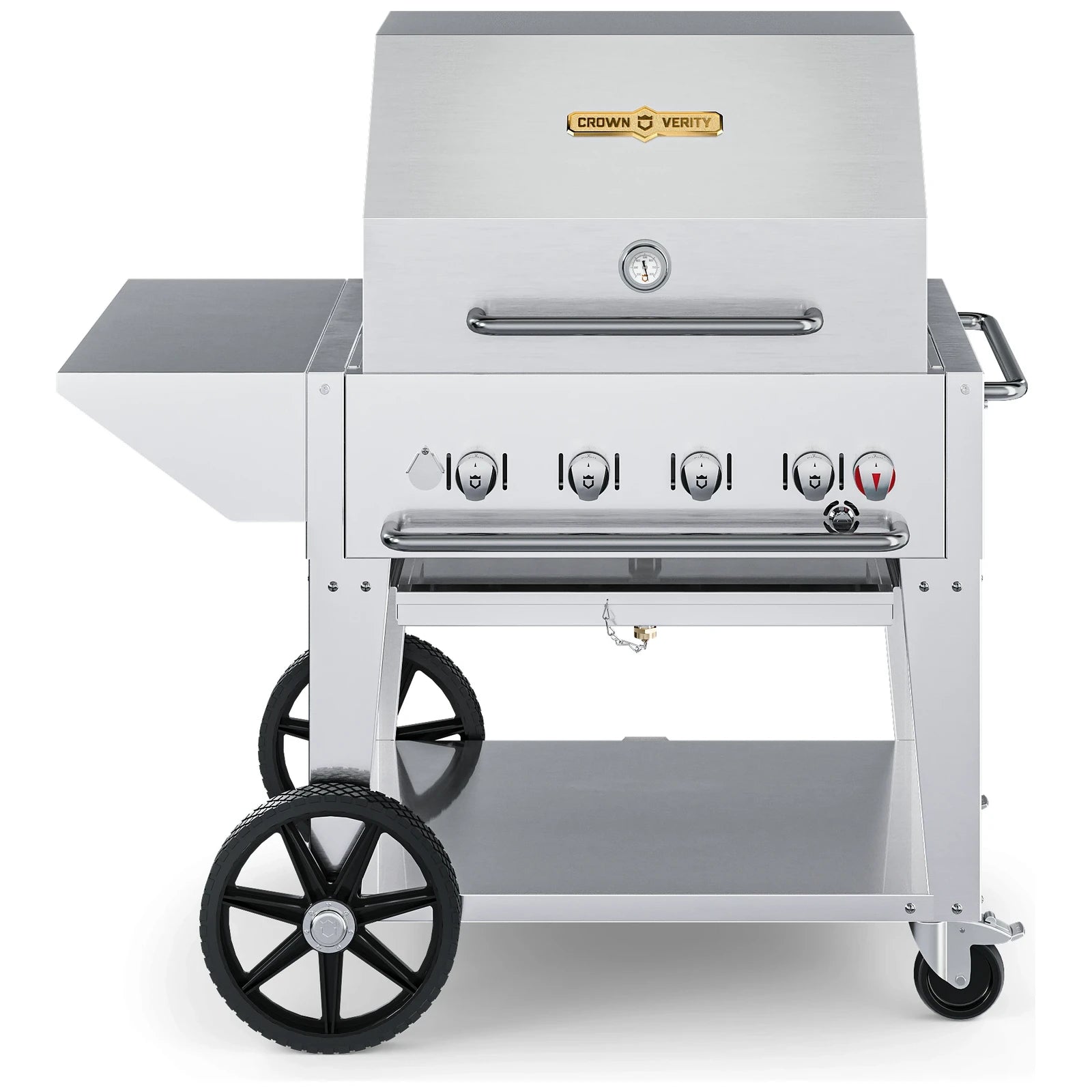 Crown Verity CV-MCB-30PKG 30" mobile BBQ grill, with roll dome, end shelf and cover package, stainless steel, front view