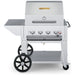Crown Verity CV-MCB-30PKG 30" mobile BBQ grill, with roll dome, end shelf and cover package, stainless steel, front view