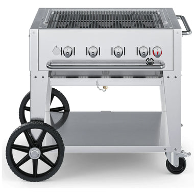 Crown Verity CV-MCB-30 30" mobile BBQ grill, grill only with open cooking grates, stainless steel, front view