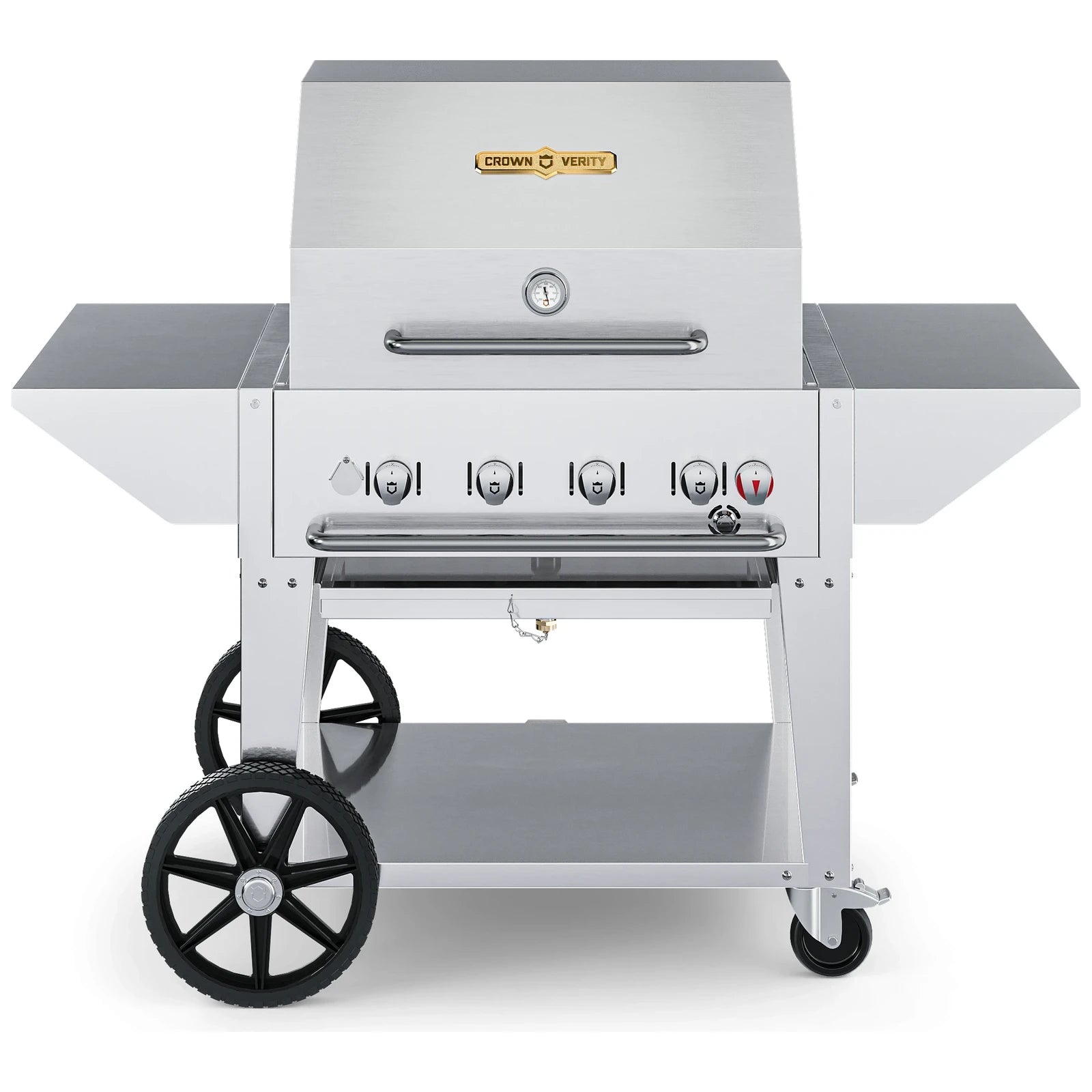 Crown Verity CV-MCB-30PRO 30" mobile BBQ grill, pro package with roll dome and two end shelves, stainless steel, front view