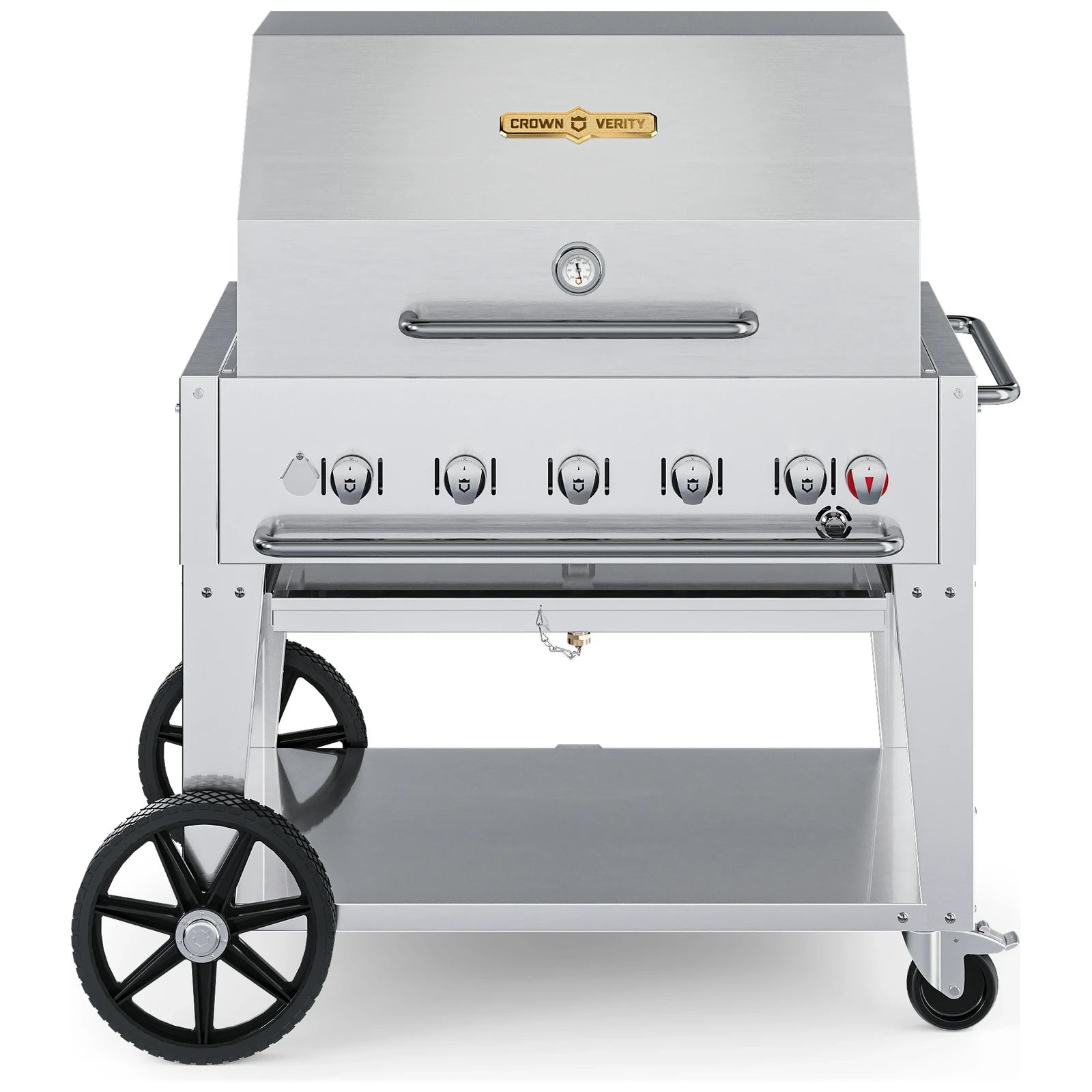 Crown Verity CV-MCB-36RDP 36" stainless steel mobile grill with roll dome package, front view