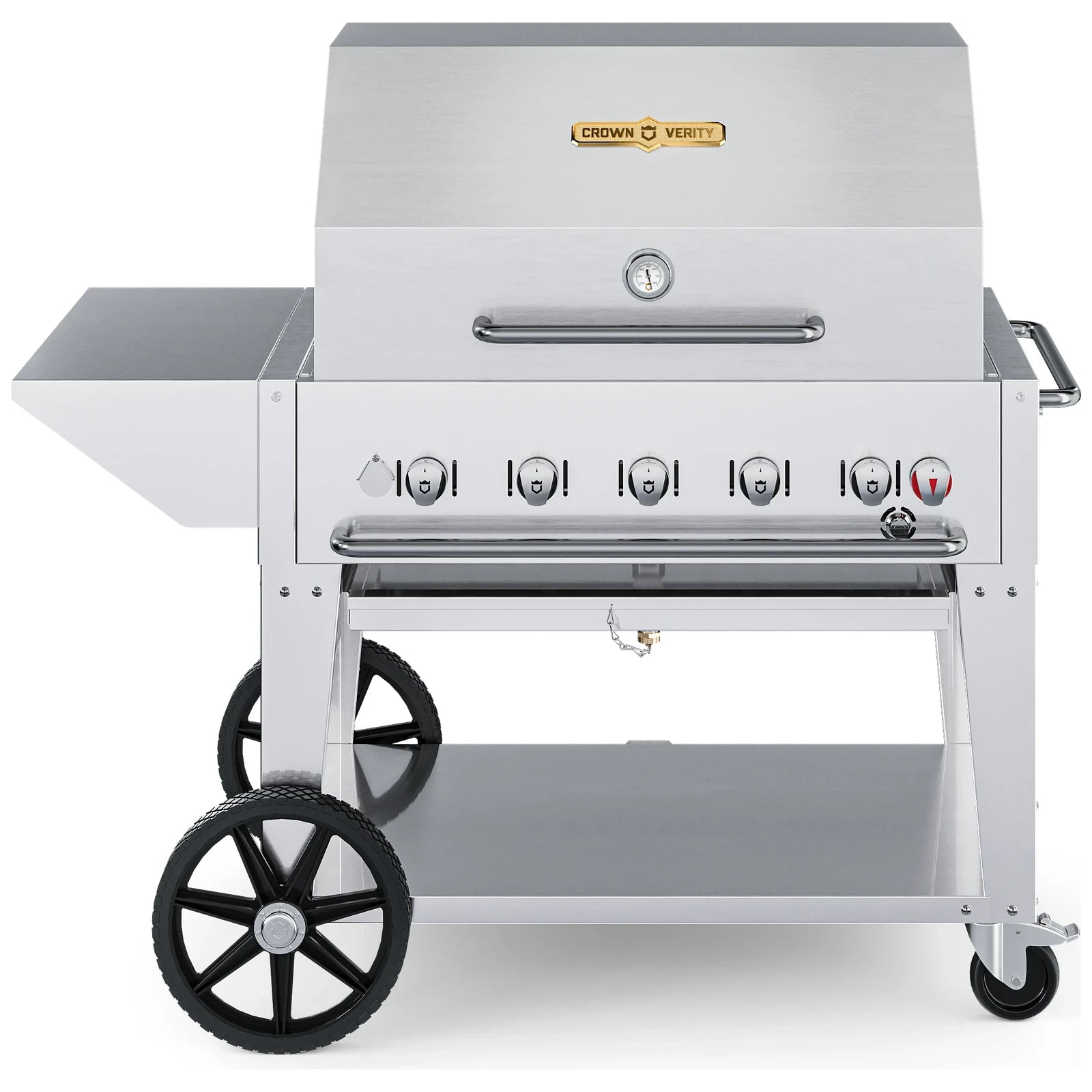 Crown Verity CV-MCB-36PKG 36" mobile grill package with roll dome and removable end shelf, front view