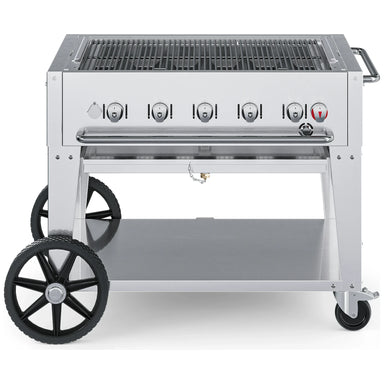 Crown Verity CV-MCB-36 36" stainless steel mobile BBQ grill, grill only with open cooking grates, front view