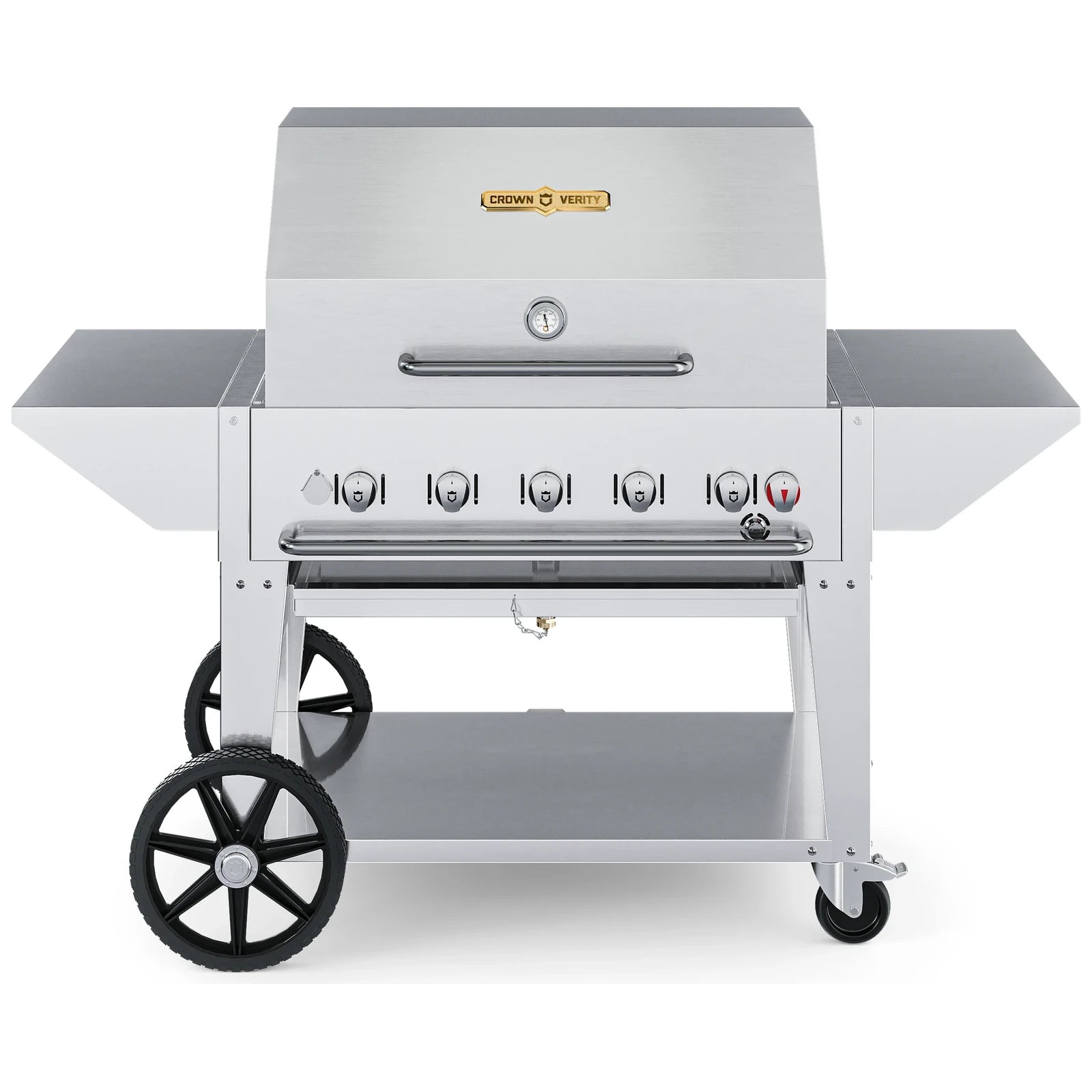 Crown Verity CV-MCB-36PRO 36" mobile grill pro package with roll dome and two end shelves, front view