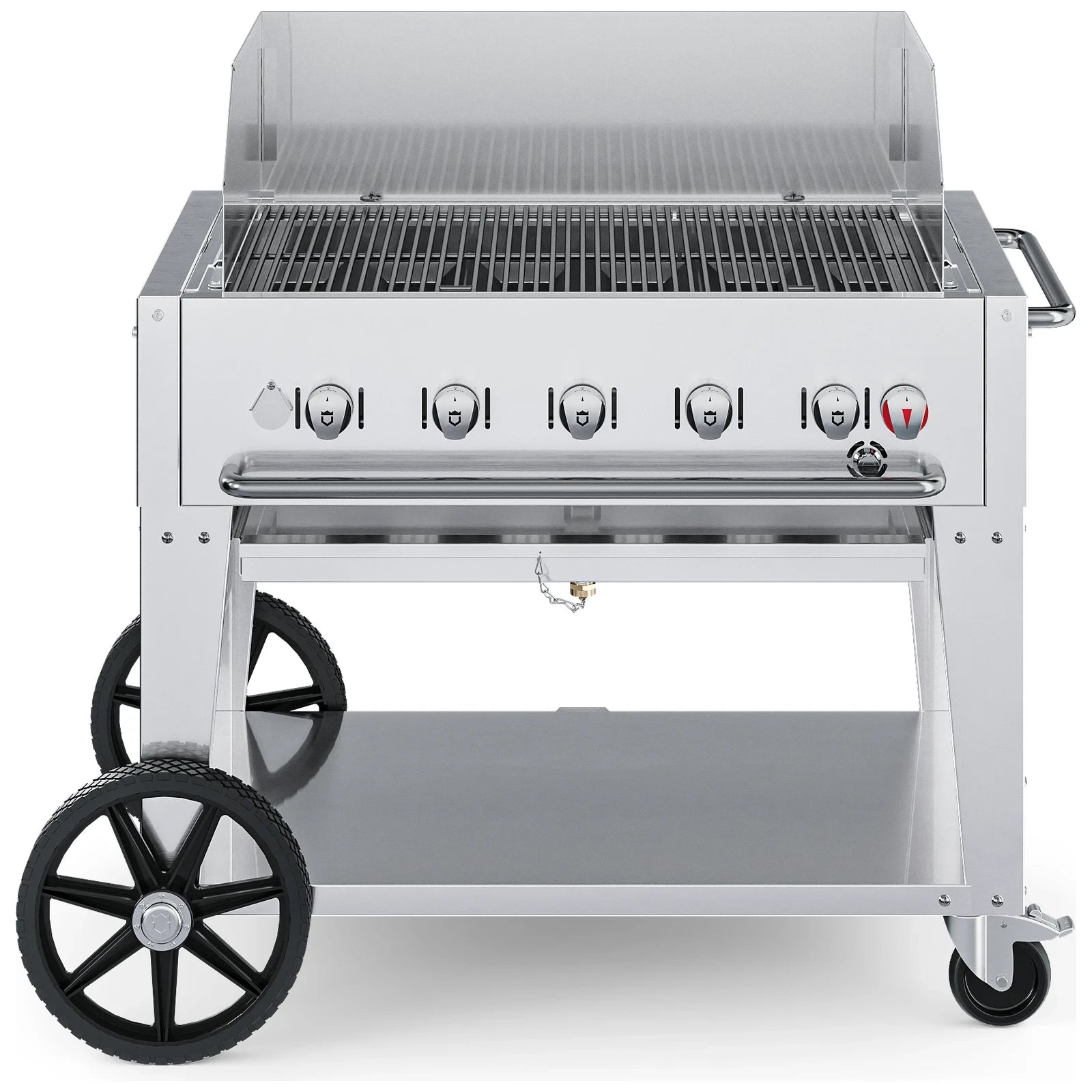Crown Verity CV-MCB-36WGP 36" stainless steel mobile grill with windguard package, front view