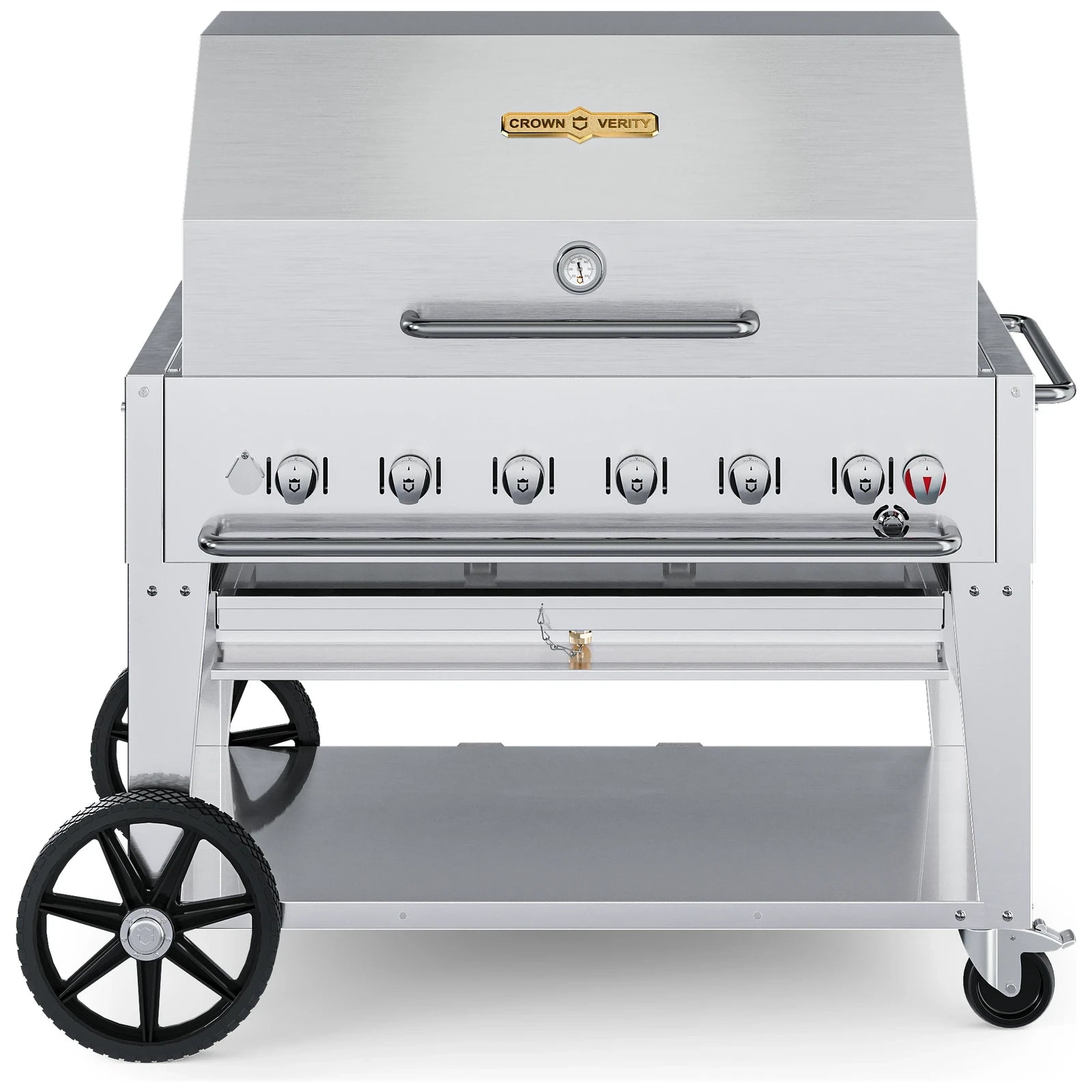 Crown Verity CV-MCB-42RDP-LP 42" mobile BBQ grill, with roll dome package, stainless steel, front view