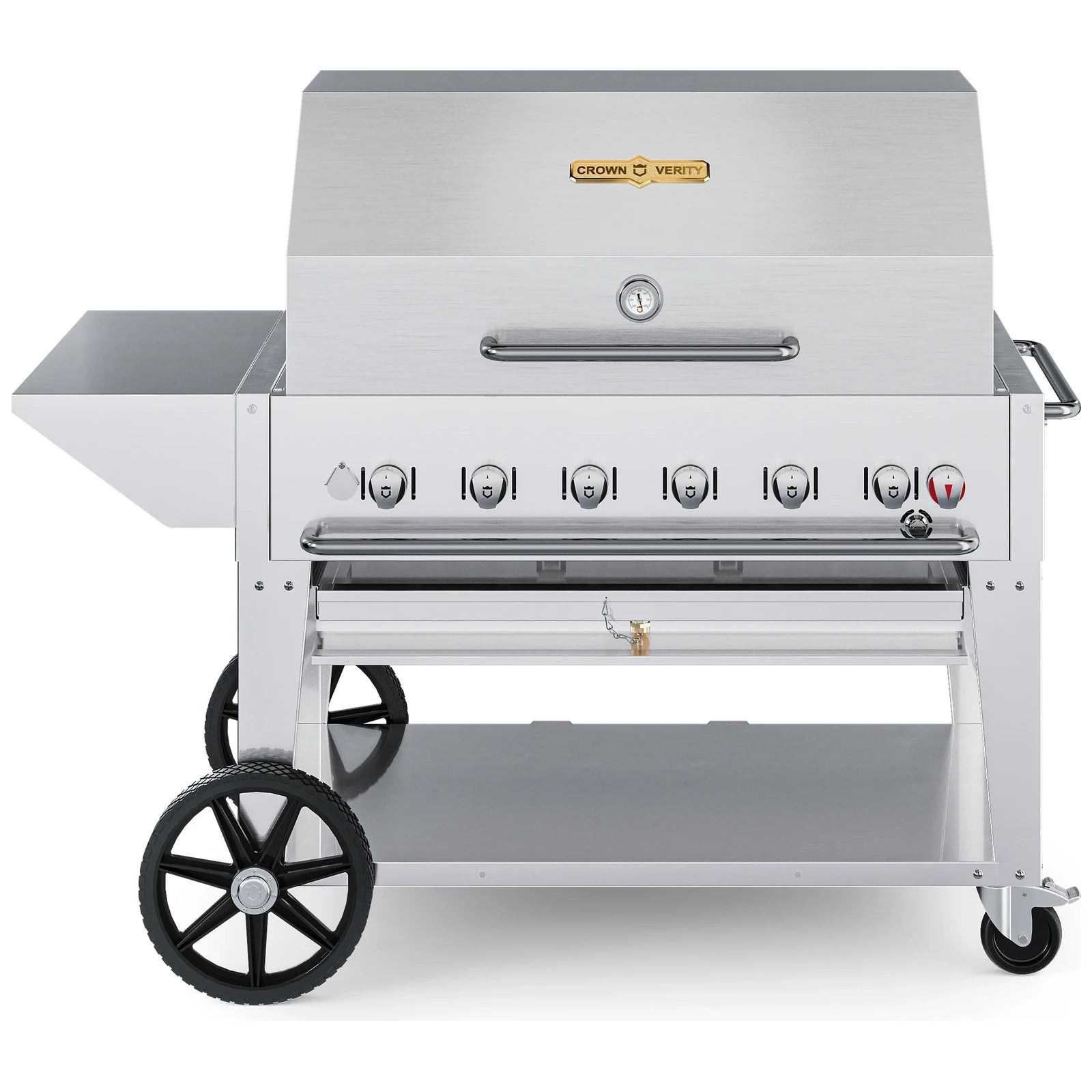 Crown Verity CV-MCB-42PKG 42" mobile BBQ grill, with roll dome, end shelf and cover package, stainless steel, front view