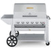 Crown Verity CV-MCB-42PKG 42" mobile BBQ grill, with roll dome, end shelf and cover package, stainless steel, front view