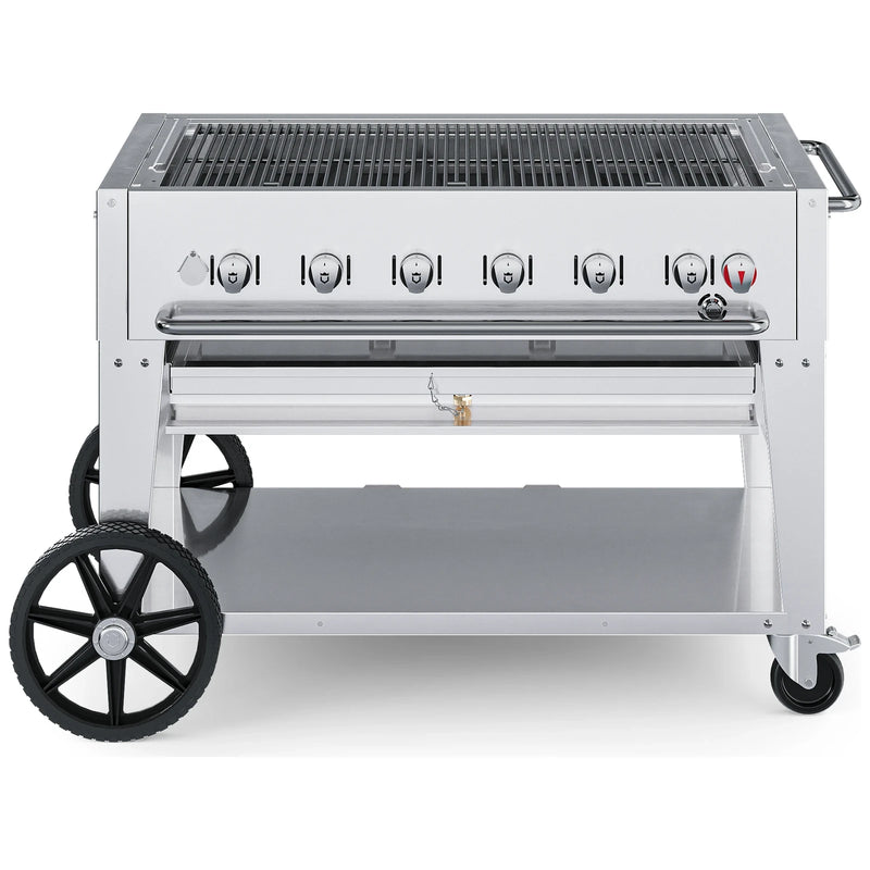 Crown Verity CV-MCB-42 42" mobile BBQ grill, grill only with open cooking grates, stainless steel, front view