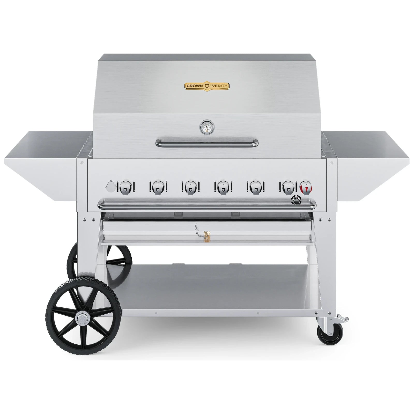 Crown Verity CV-MCB-42PRO 42" mobile BBQ grill, pro package with roll dome and two end shelves, stainless steel, front view