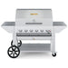 Crown Verity CV-MCB-42PRO 42" mobile BBQ grill, pro package with roll dome and two end shelves, stainless steel, front view