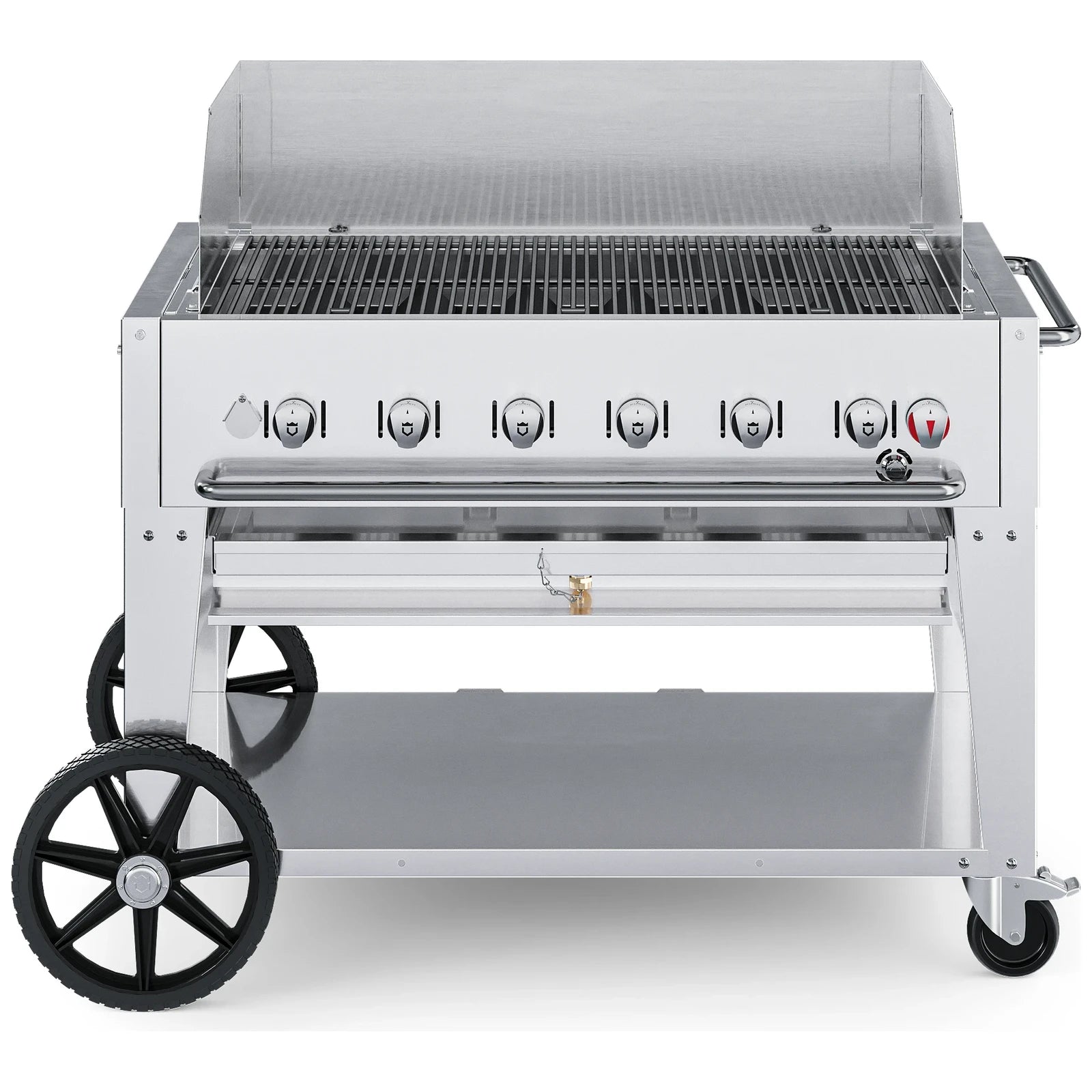 Crown Verity CV-MCB-42WGP-LP 42" mobile BBQ grill, with windguard package, stainless steel, front view