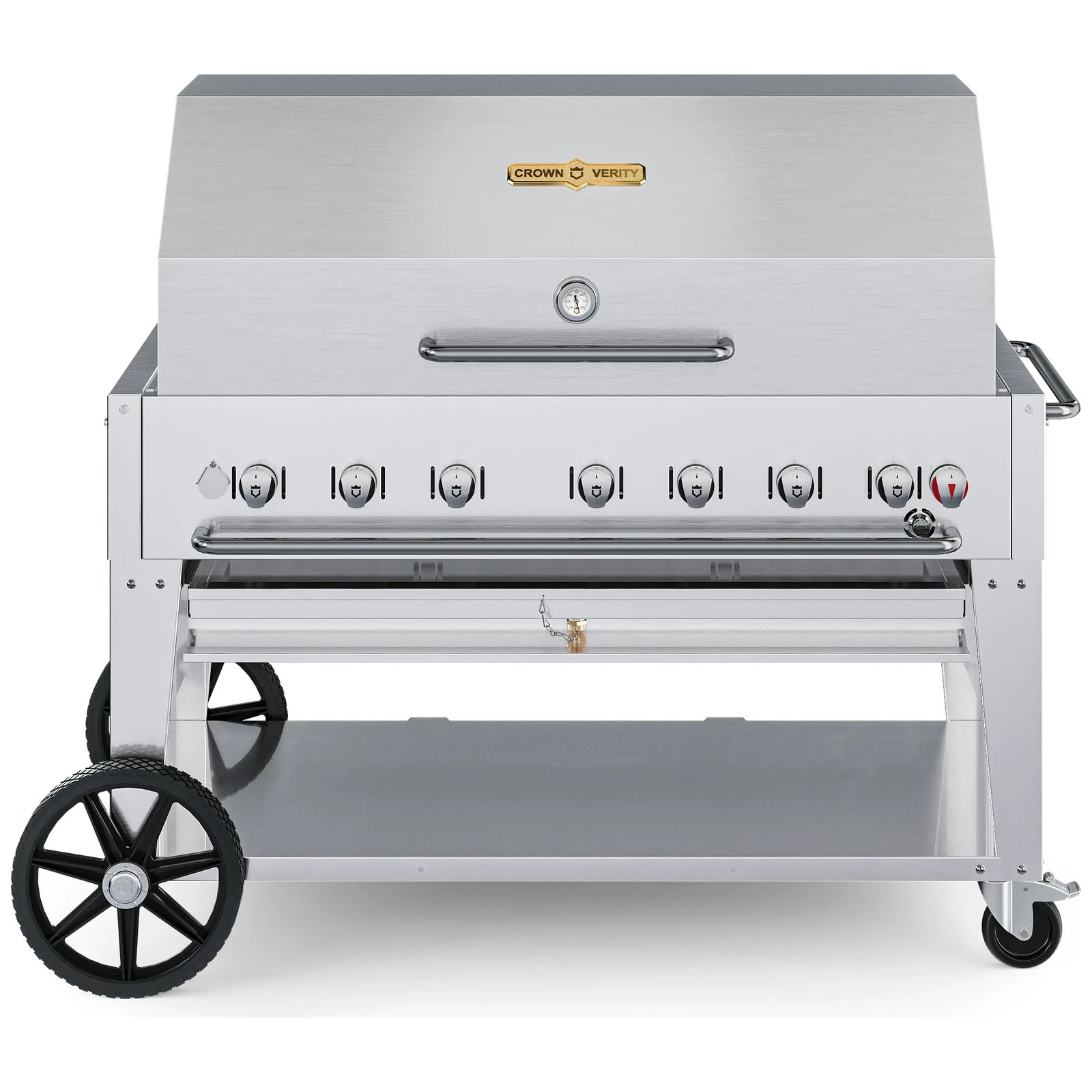 Crown Verity CV-MCB-48RDP-LP 48" mobile BBQ grill, with roll dome package, stainless steel, front view