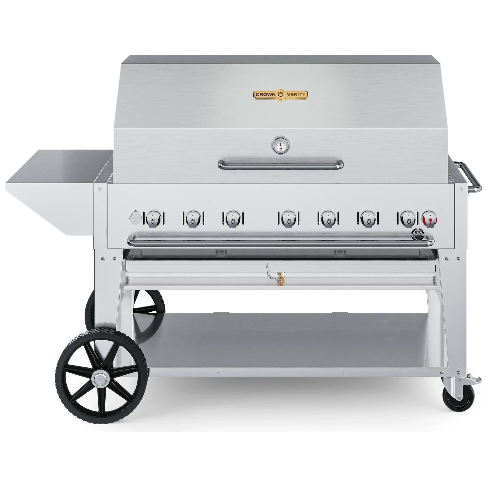 Crown Verity CV-MCB-48PKG 48" mobile BBQ grill, with roll dome, end shelf and cover package, stainless steel, front view