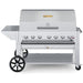 Crown Verity CV-MCB-48PKG 48" mobile BBQ grill, with roll dome, end shelf and cover package, stainless steel, front view