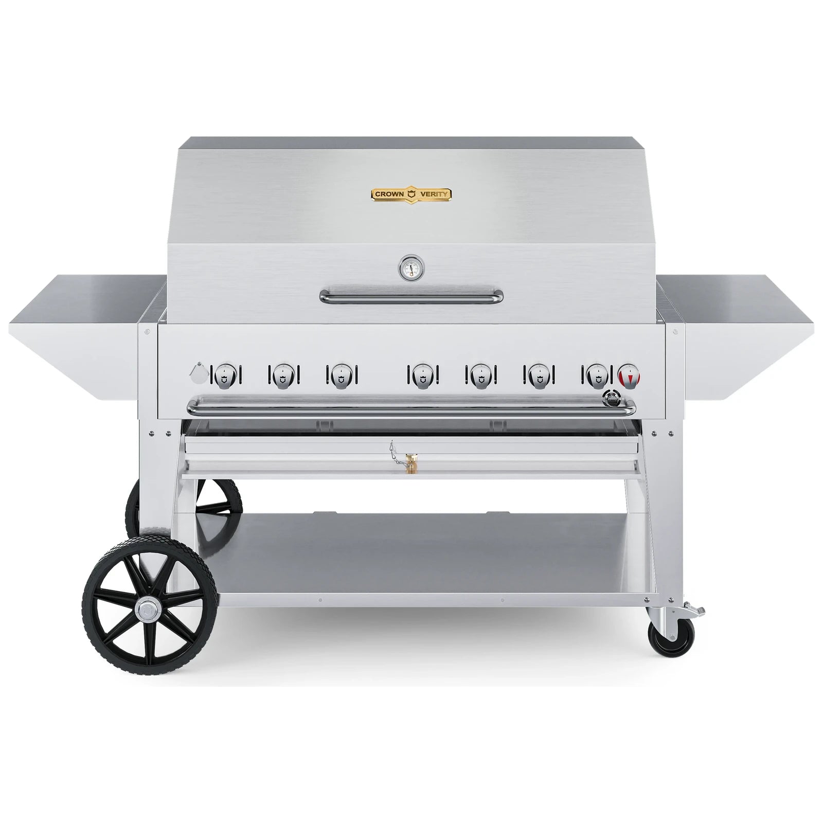 Crown Verity CV-MCB-48PRO 48" mobile BBQ grill, pro package with roll dome and two end shelves, stainless steel, front view