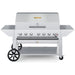 Crown Verity CV-MCB-48PRO 48" mobile BBQ grill, pro package with roll dome and two end shelves, stainless steel, front view