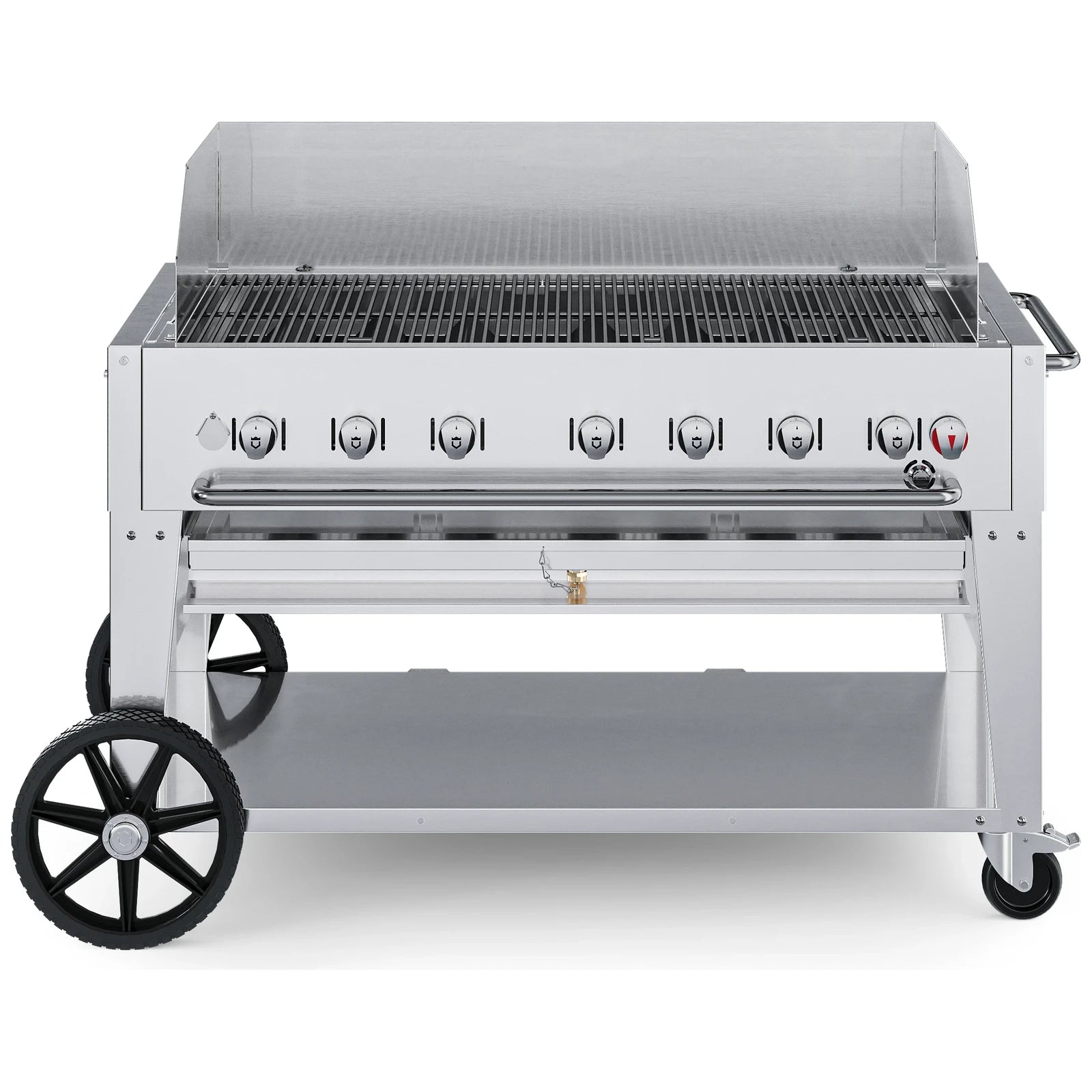 Crown Verity CV-MCB-48WGP-LP 48" mobile BBQ grill, with windguard package, stainless steel, front view