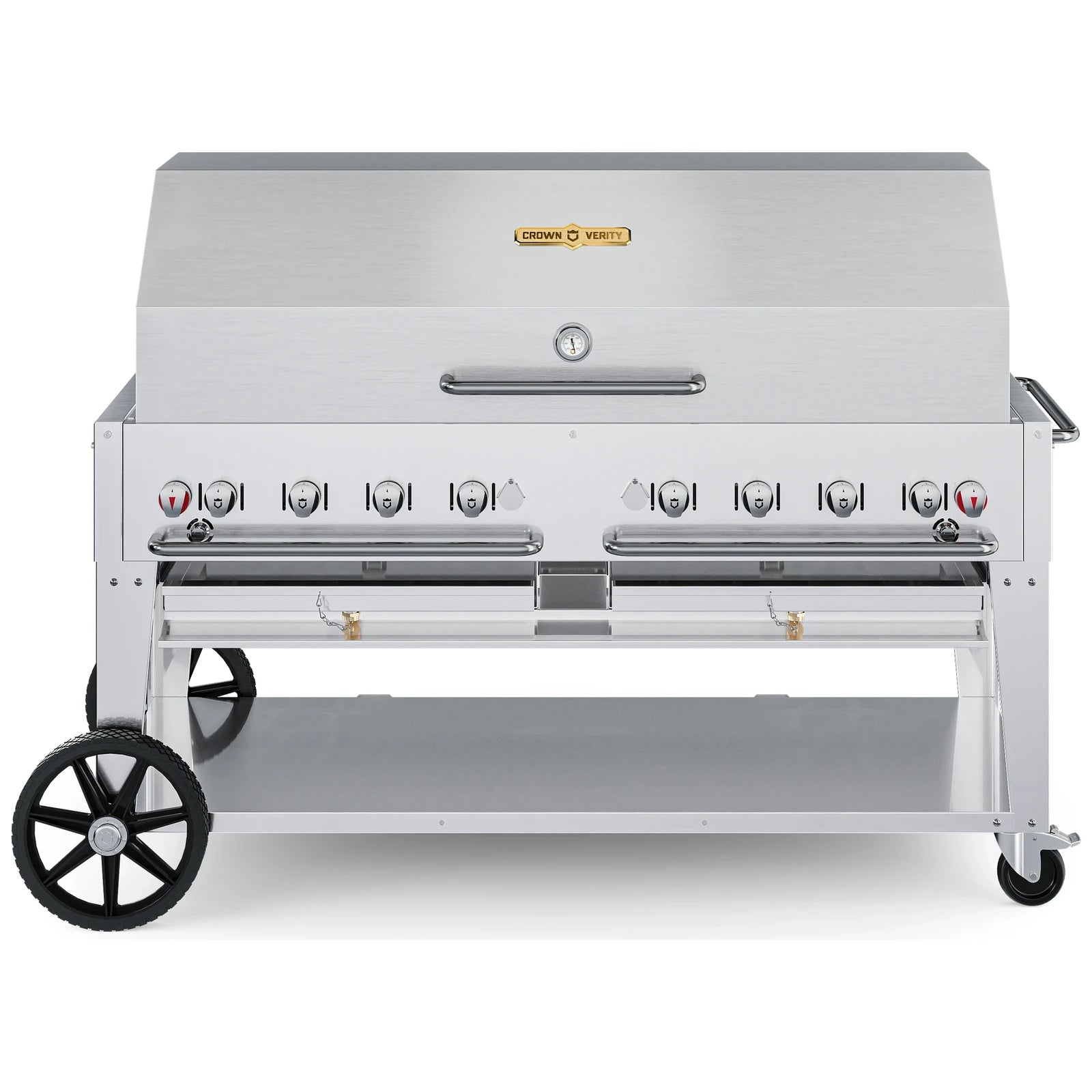 Crown Verity CV-MCB-60-1RDP-LP 60" mobile BBQ grill, with single roll dome package, stainless steel, front view
