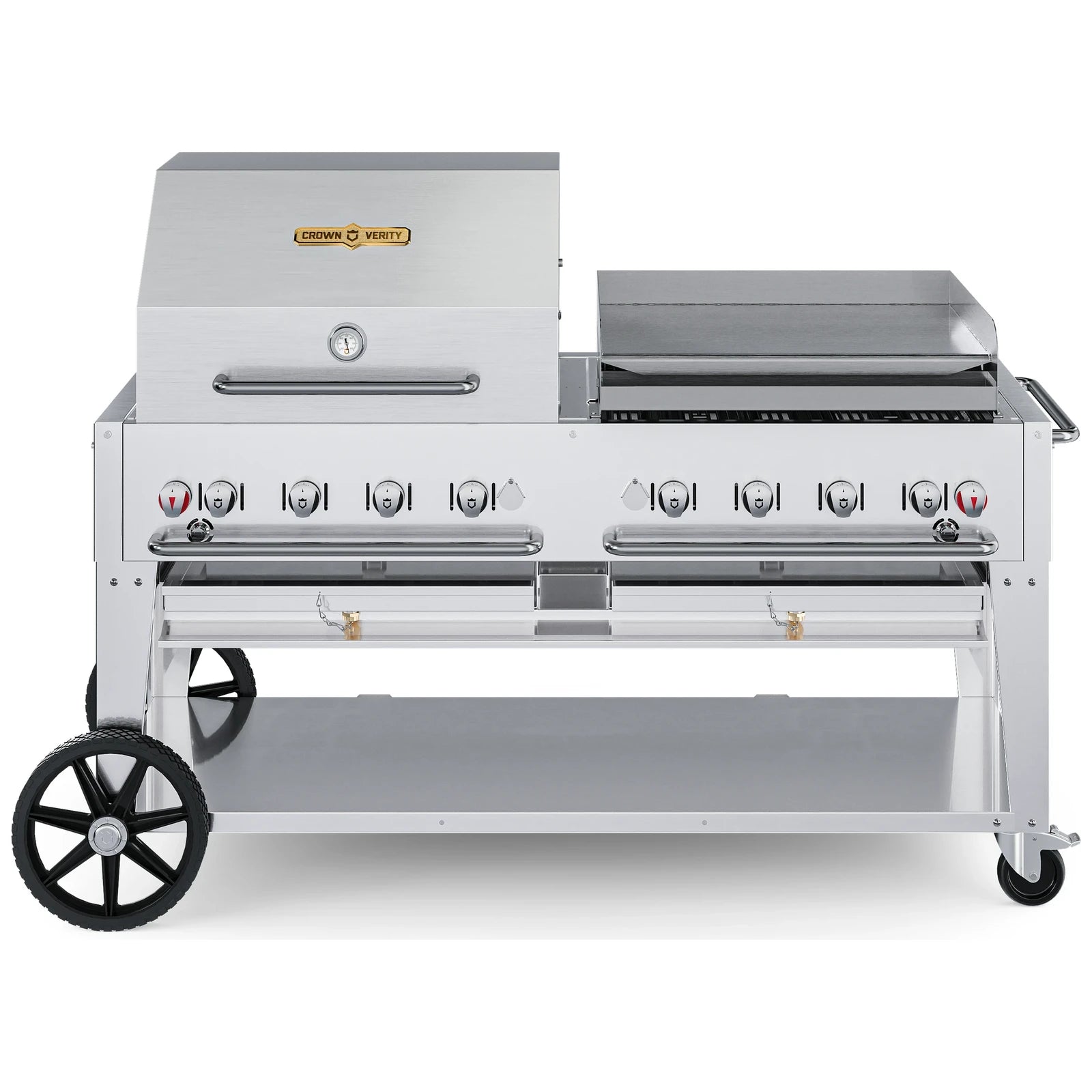 Crown Verity CV-MCB-60RGP-LP 60" mobile BBQ grill, with roll dome and Pro Series griddle package, stainless steel, front view