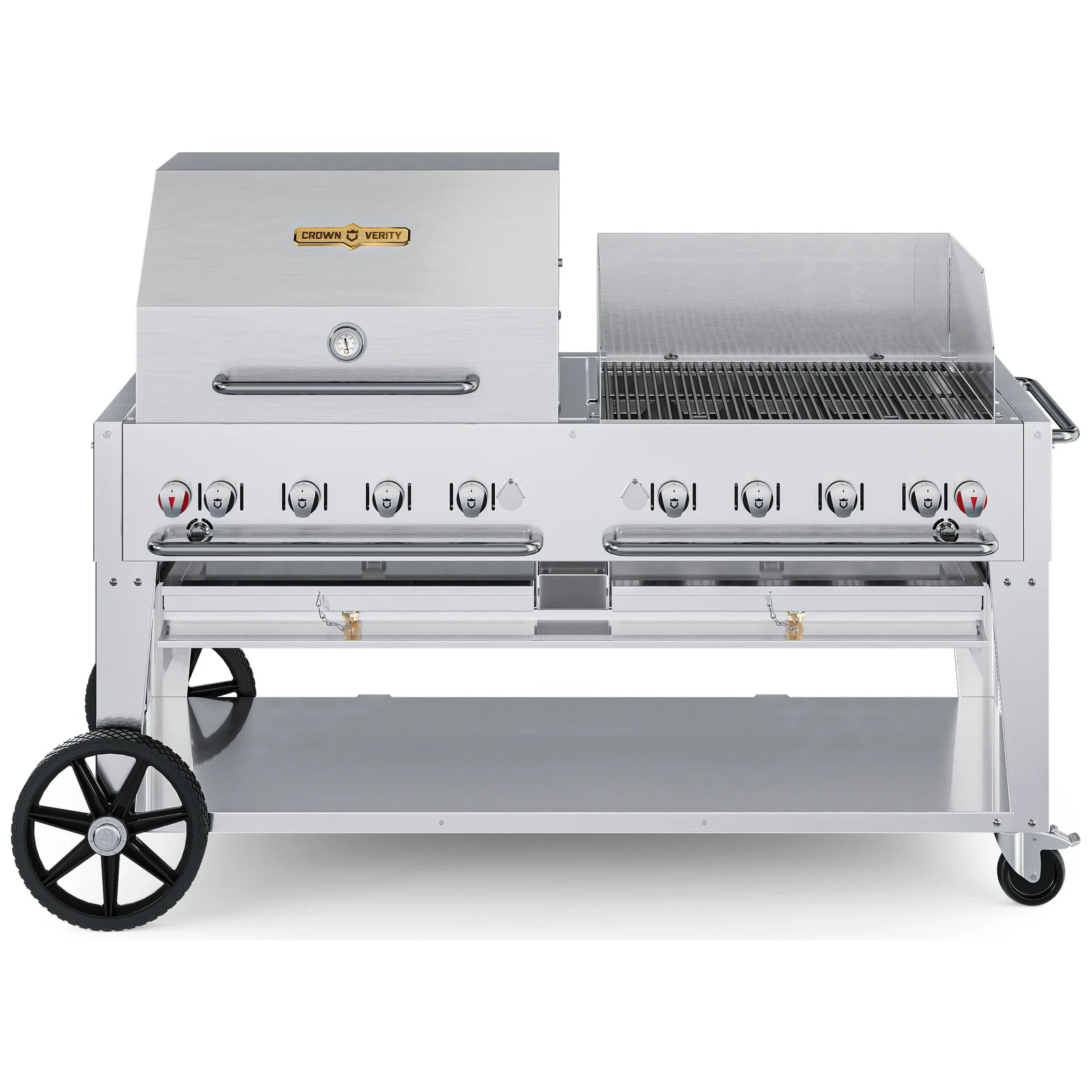 Crown Verity CV-MCB-60RWP-LP 60" mobile BBQ grill, with roll dome and windguard package, stainless steel, front view