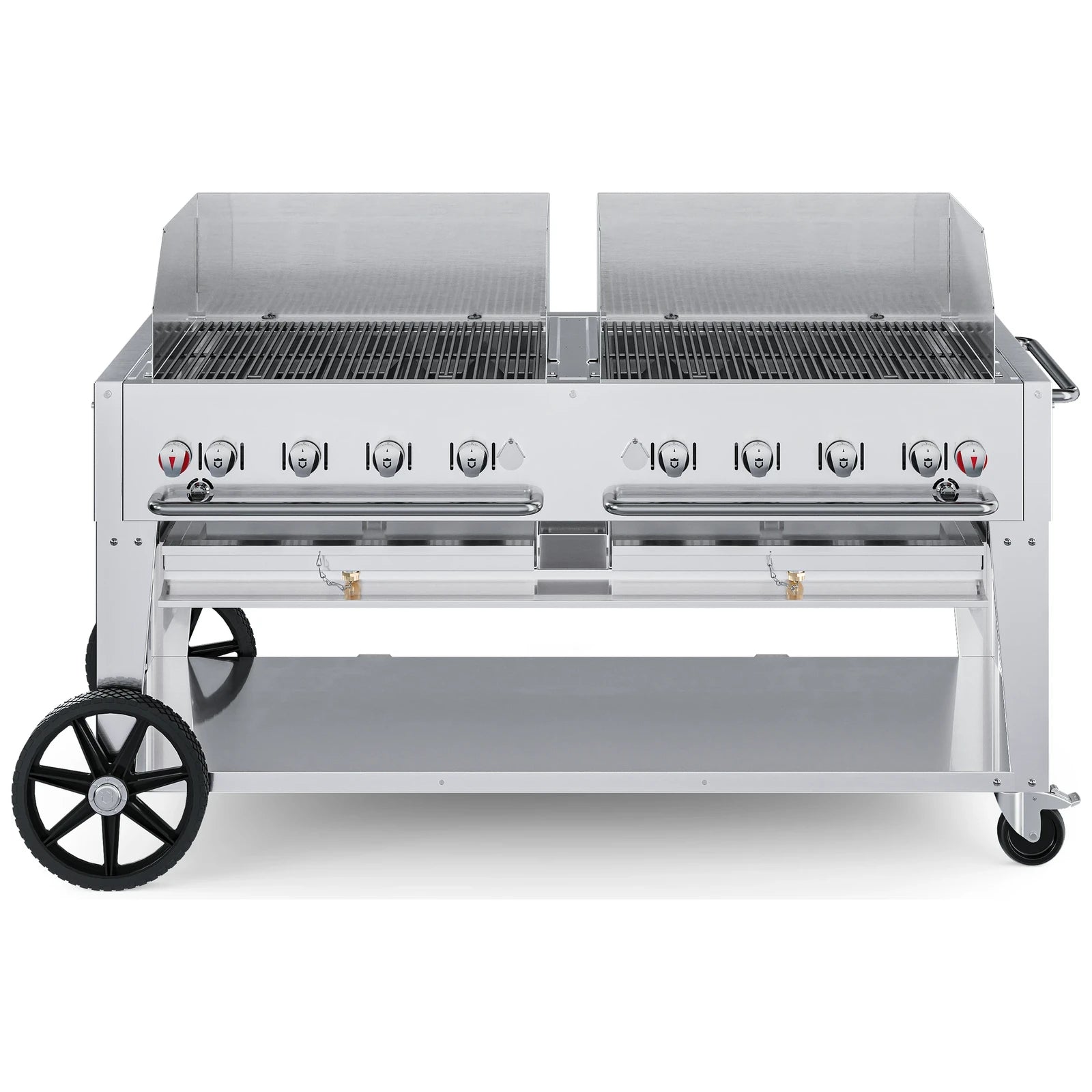 Crown Verity CV-MCB-60WGP-LP 60" mobile BBQ grill, with windguard package, stainless steel, front view