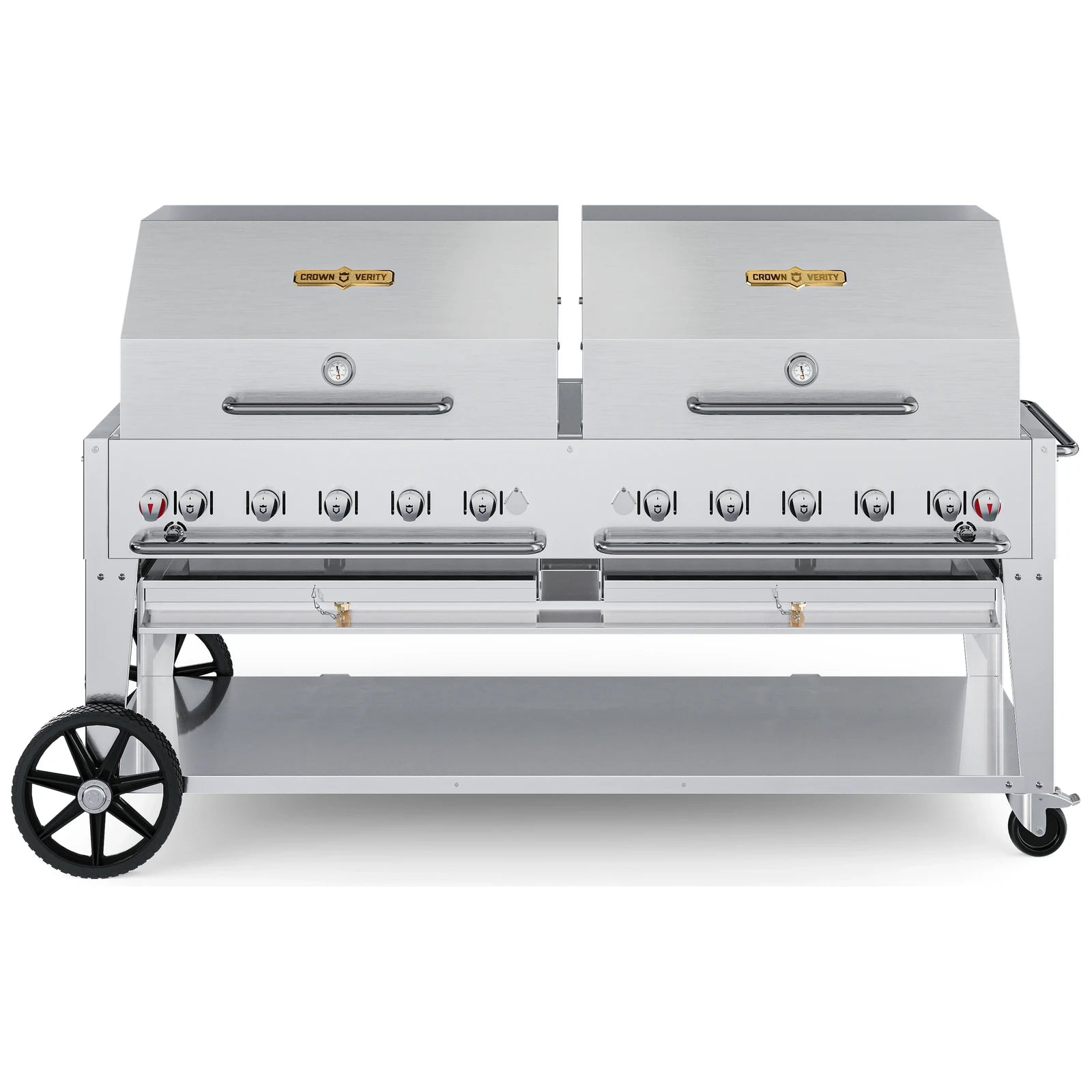 Crown Verity CV-MCB-72RDP-LP 72" mobile BBQ grill, with two roll domes package, stainless steel, front view