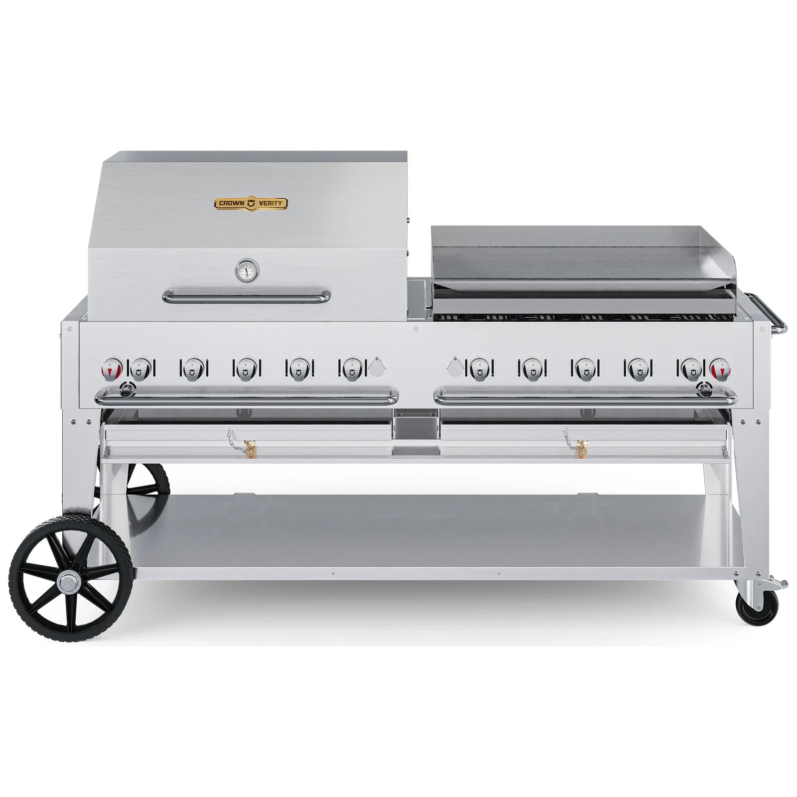 Crown Verity CV-MCB-72RGP-LP 72" mobile BBQ grill, with roll dome and Pro Series griddle package, stainless steel, front view
