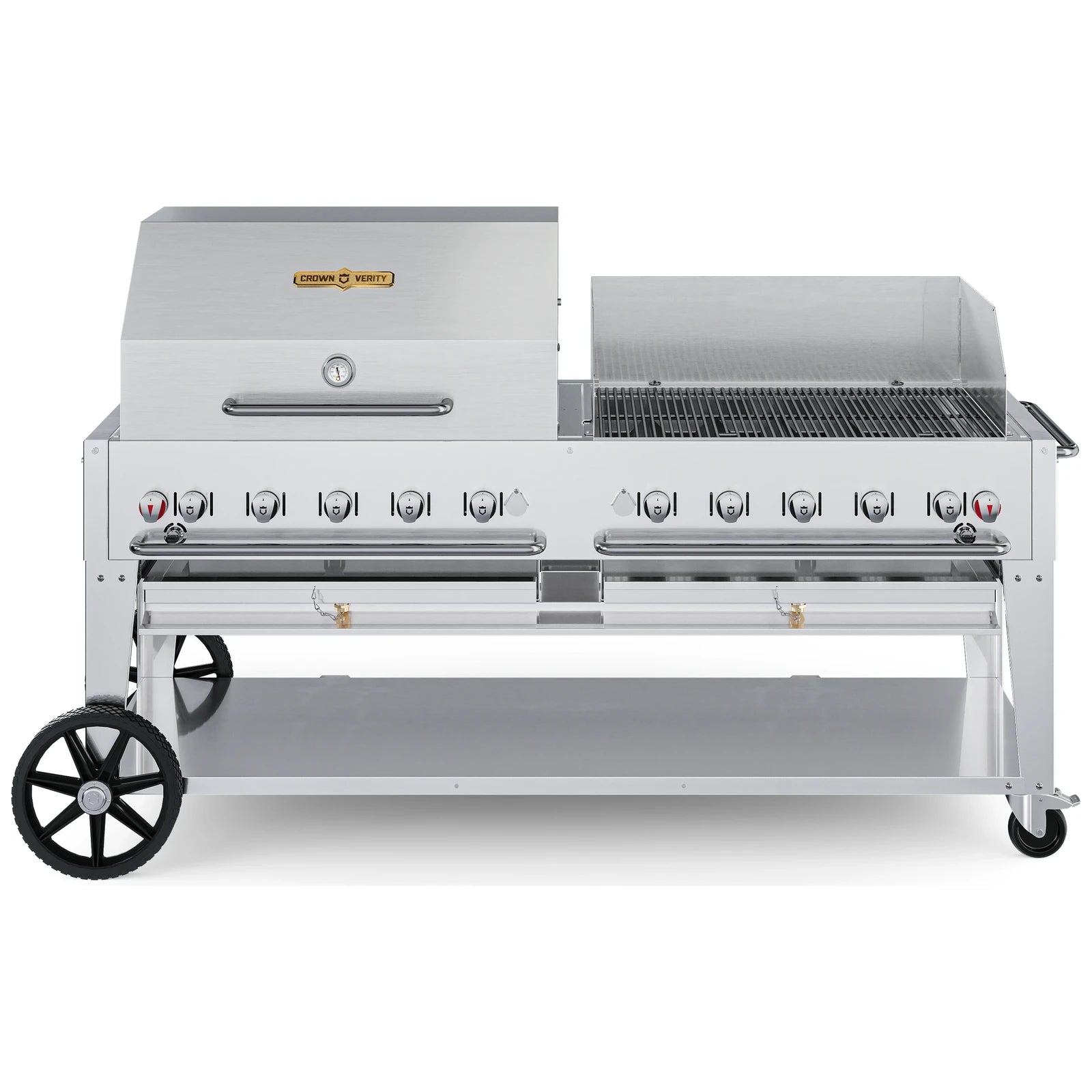 Crown Verity CV-MCB-72RWP-LP 72" mobile BBQ grill, with roll dome and windguard package, stainless steel, front view