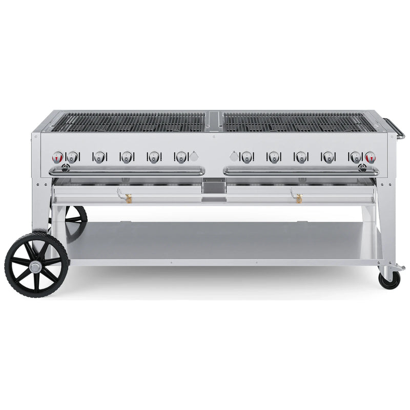 Crown Verity CV-MCB-72 72" mobile BBQ grill, grill only with open cooking grates, stainless steel, front view