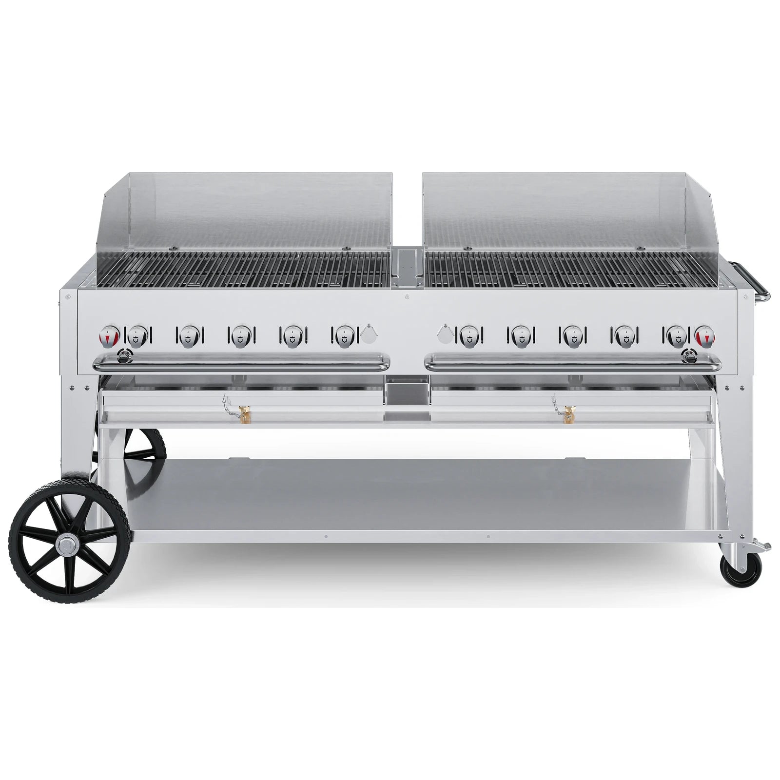 Crown Verity CV-MCB-72WGP-LP 72" mobile BBQ grill, with windguard package, stainless steel, front view