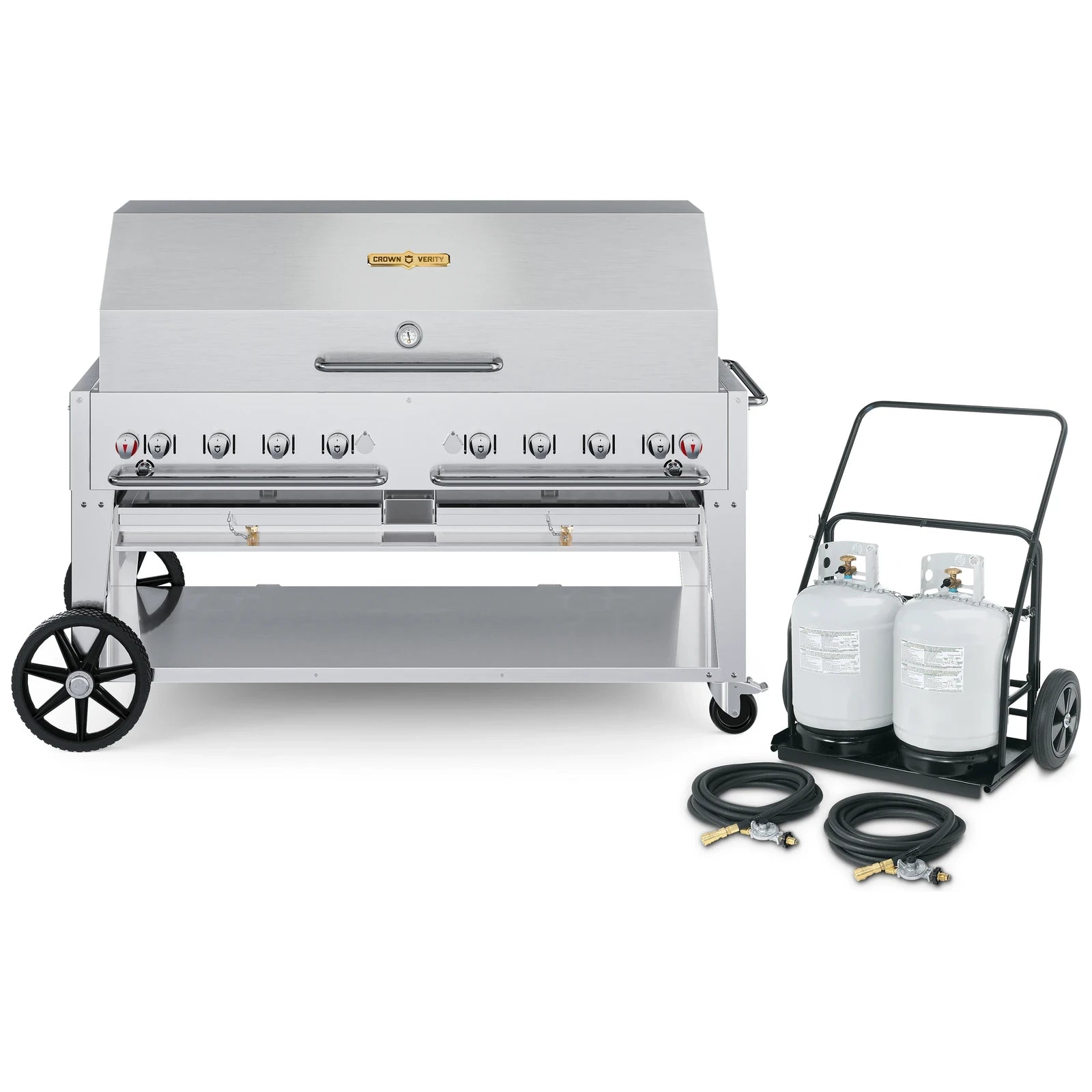 Crown Verity CV-MCC-60-1RDP 60" mobile grill & propane cart, with single roll dome package, stainless steel, front view