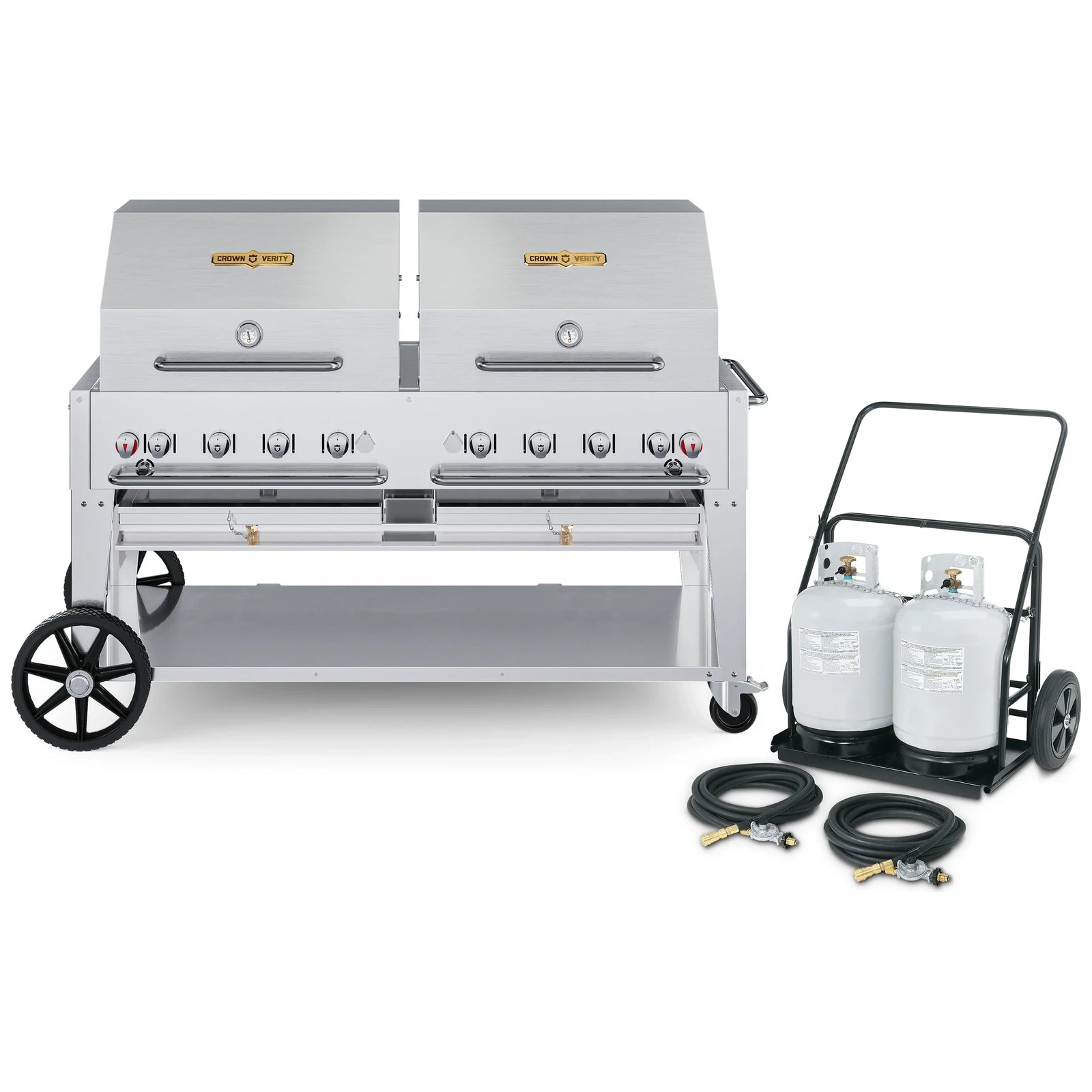 Crown Verity CV-MCC-60RDP 60" mobile grill & propane cart, with two roll domes package, stainless steel, front view