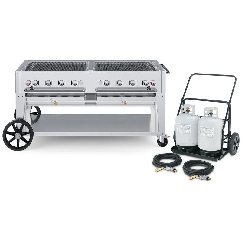Crown Verity CV-MCC-60 60" mobile grill & propane cart, grill only with open cooking grates, stainless steel, front view