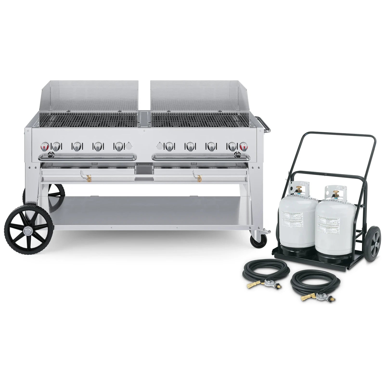 Crown Verity CV-MCC-60WGP 60" mobile grill & propane cart, with windguard package, stainless steel, front view