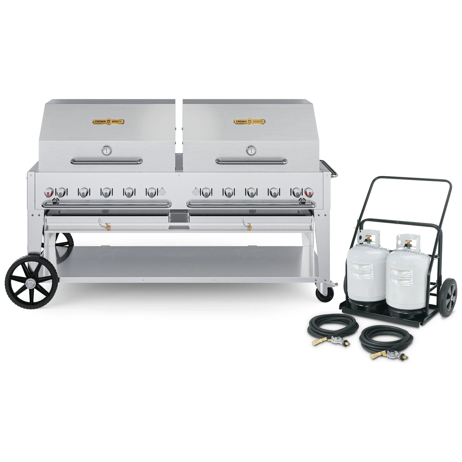 Crown Verity CV-MCC-72RDP 72" mobile grill & propane cart, with two roll domes package, stainless steel, front view