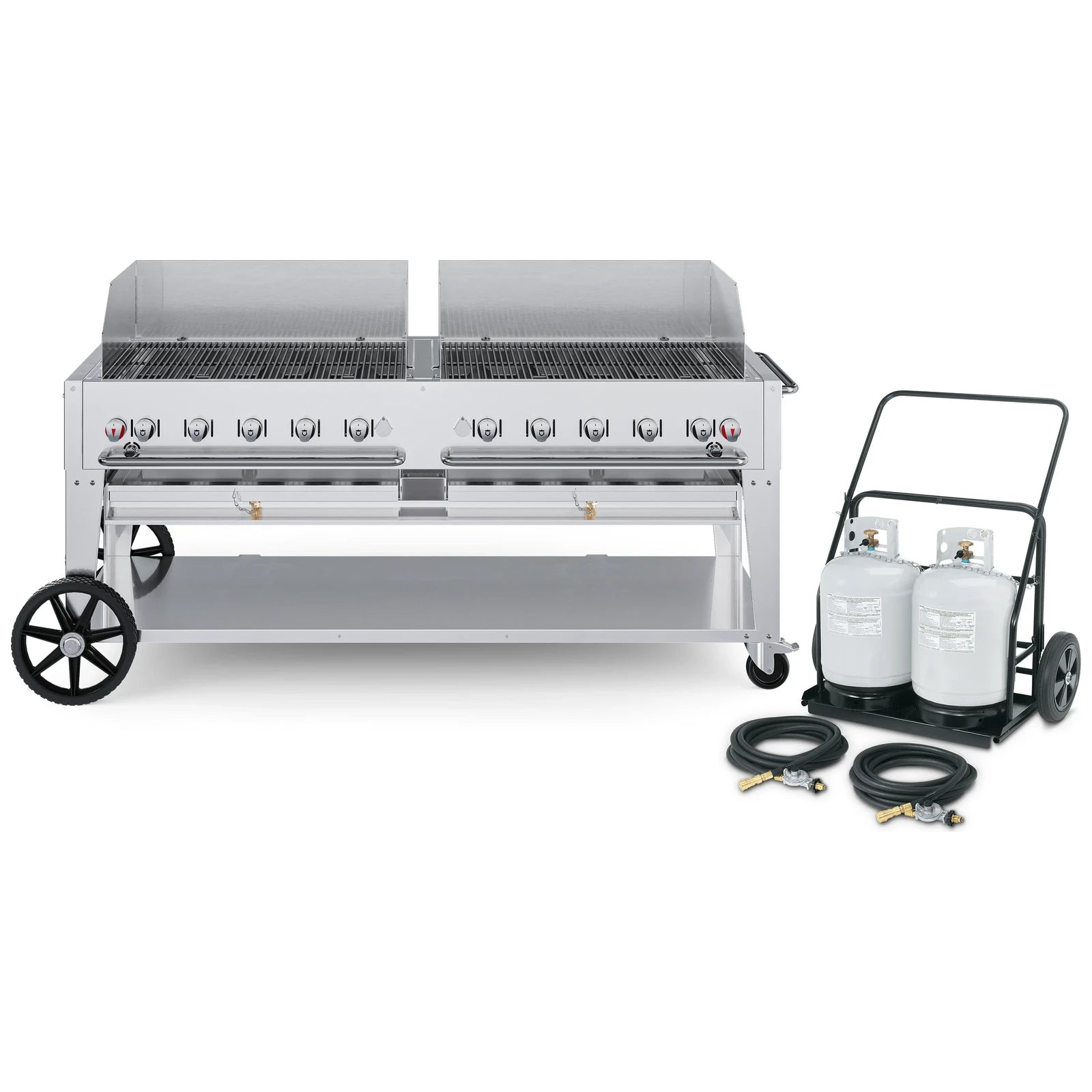 Crown Verity CV-MCC-72WGP 72" mobile grill & propane cart, with windguard package, stainless steel, front view