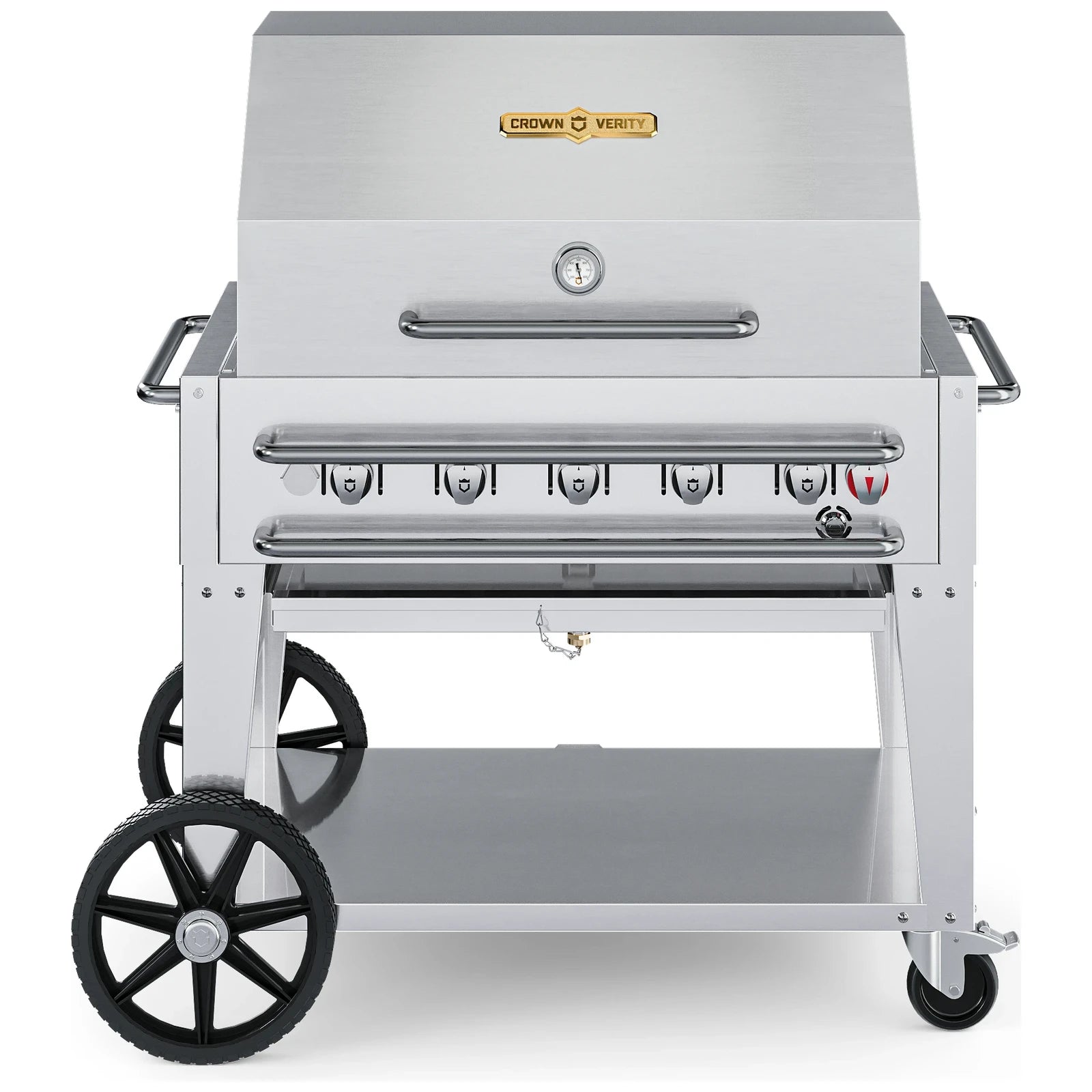 Crown Verity CV-RCB-36RDP 36" rental BBQ grill, with roll dome package, stainless steel, front view