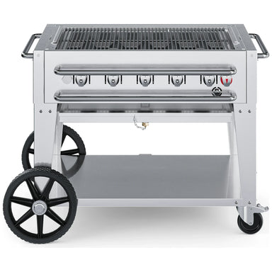 Crown Verity CV-RCB-36 36" rental BBQ grill, grill only with open cooking grates, stainless steel, front view