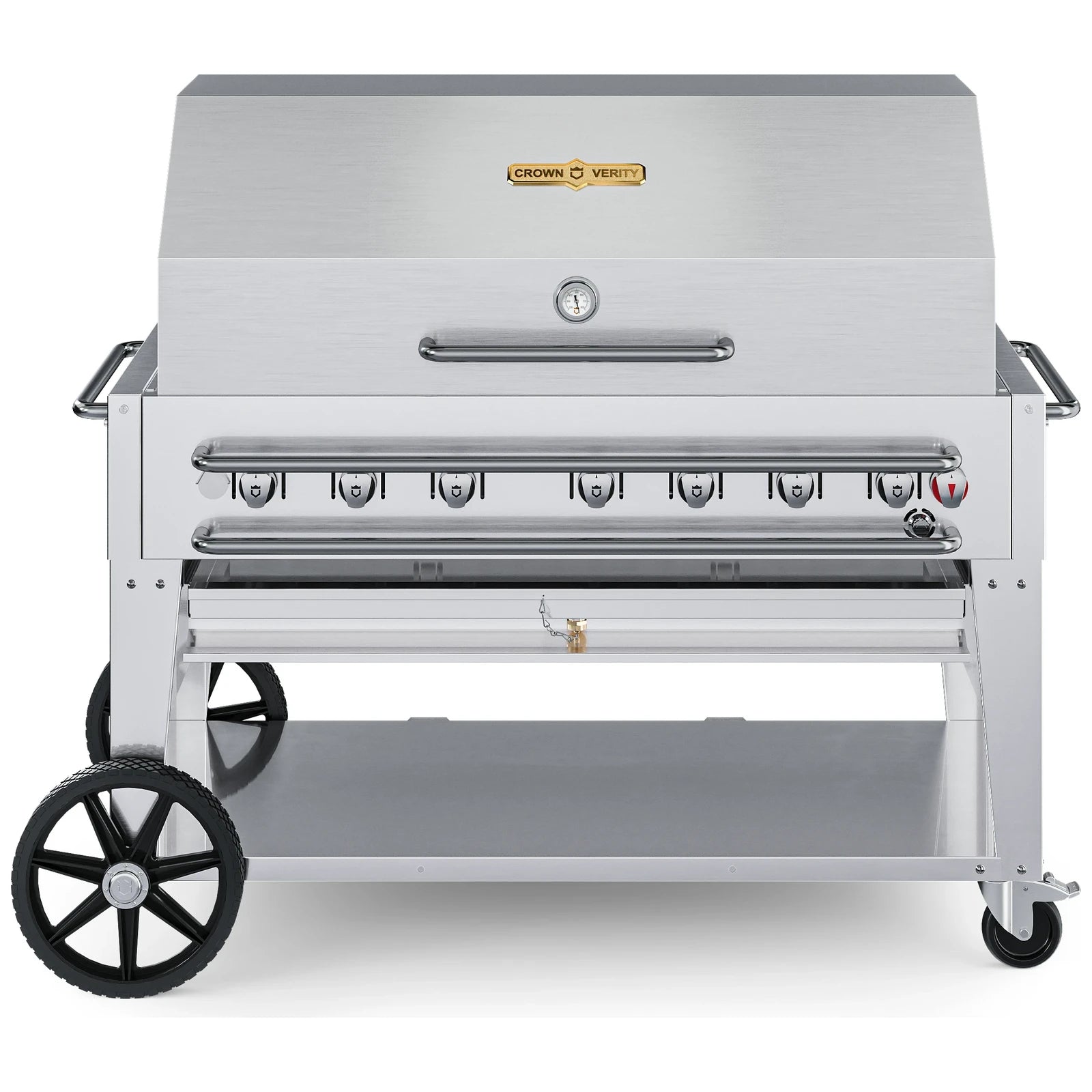 Crown Verity CV-RCB-48RDP 48" rental BBQ grill, with roll dome package, stainless steel, front view