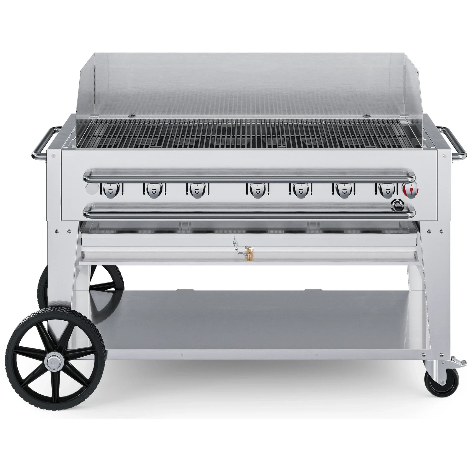 Crown Verity CV-RCB-48WGP 48" rental BBQ grill, with windguard package, stainless steel, front view