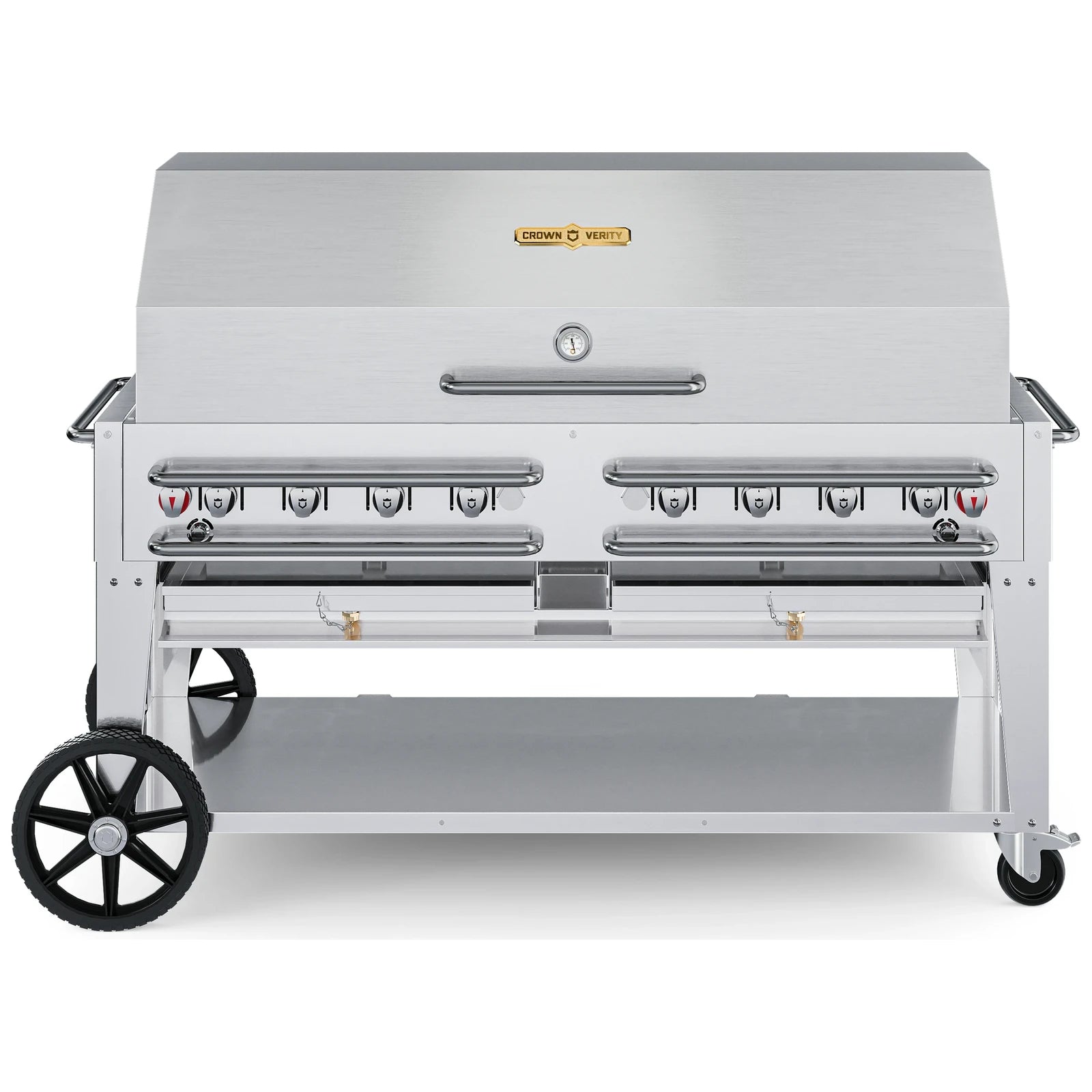 Crown Verity CV-RCB-60-1RDP 60" rental BBQ grill, with single roll dome package, stainless steel, front view