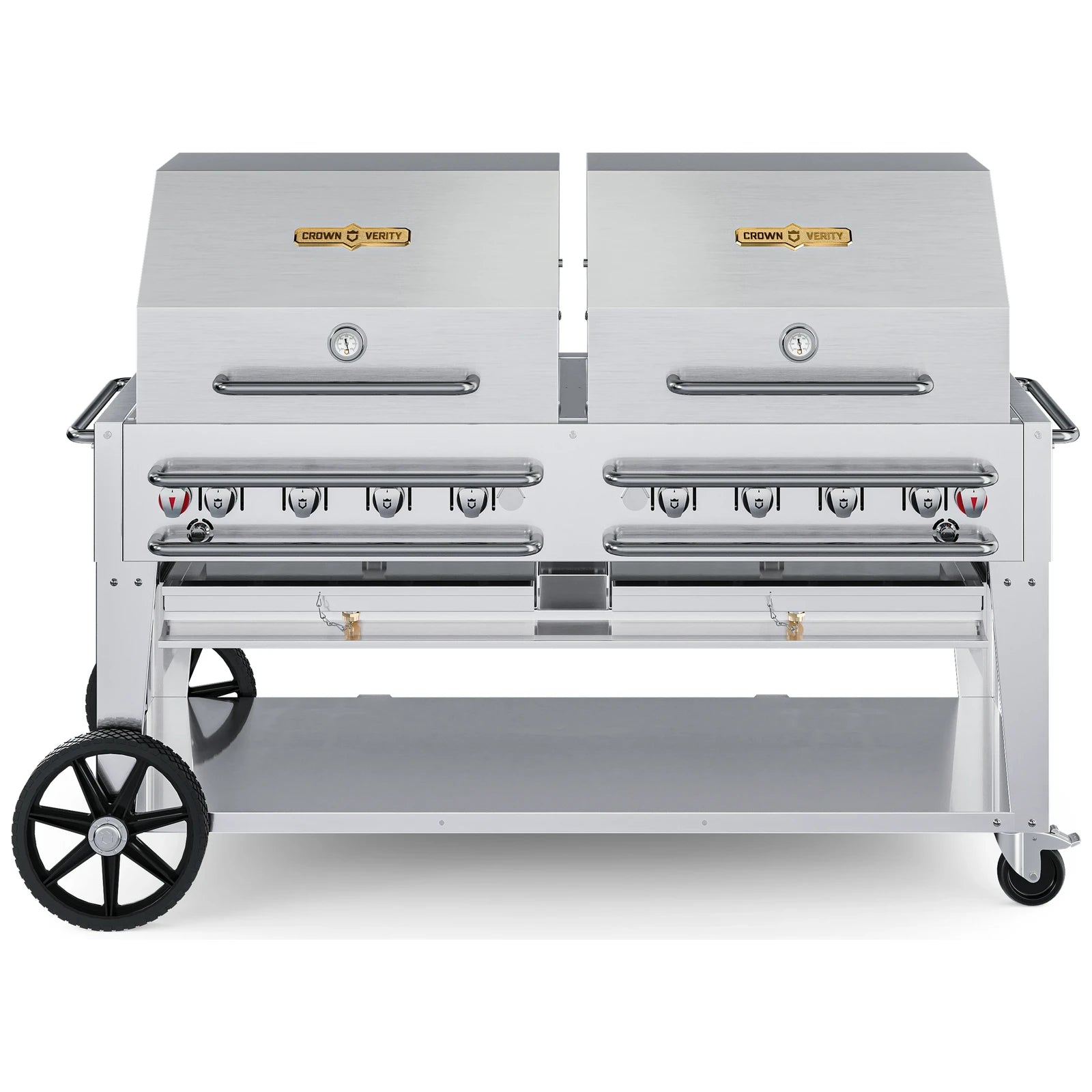Crown Verity CV-RCB-60RDP 60" rental BBQ grill, with two roll domes package, stainless steel, front view
