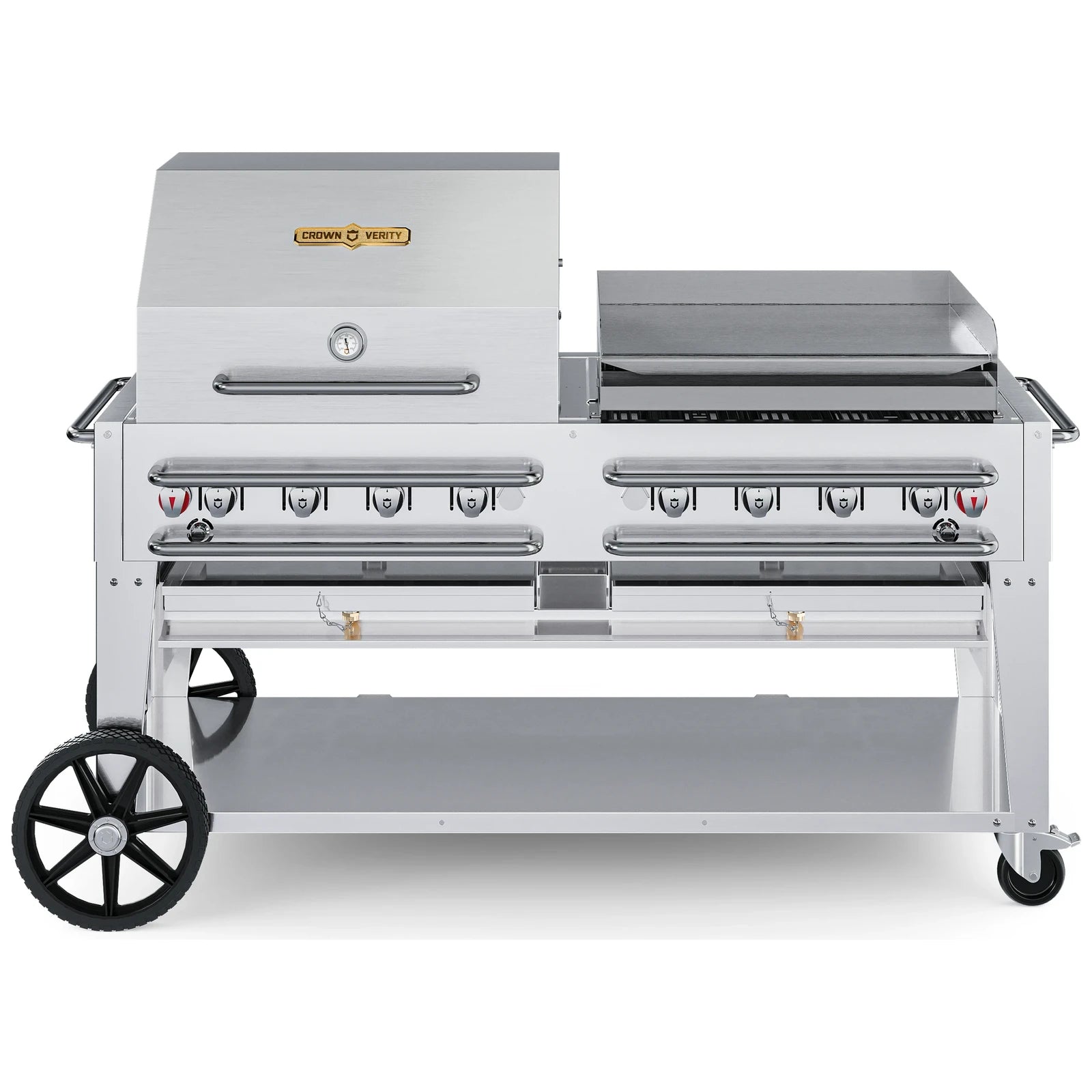 Crown Verity CV-RCB-60RGP 60" rental BBQ grill, with roll dome and Pro Series griddle package, stainless steel, front view