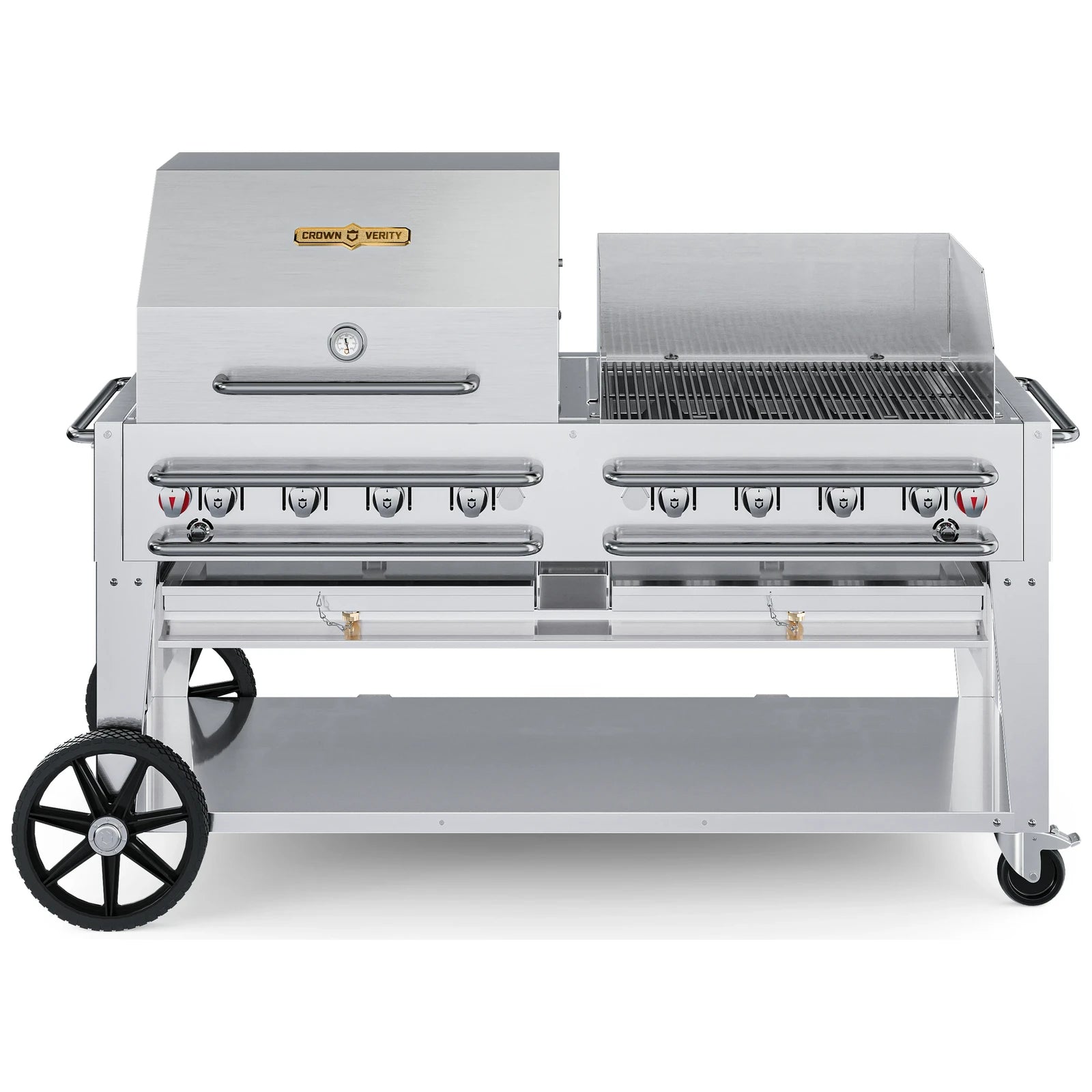 Crown Verity CV-RCB-60RWP 60" rental BBQ grill, with roll dome and windguard package, stainless steel, front view