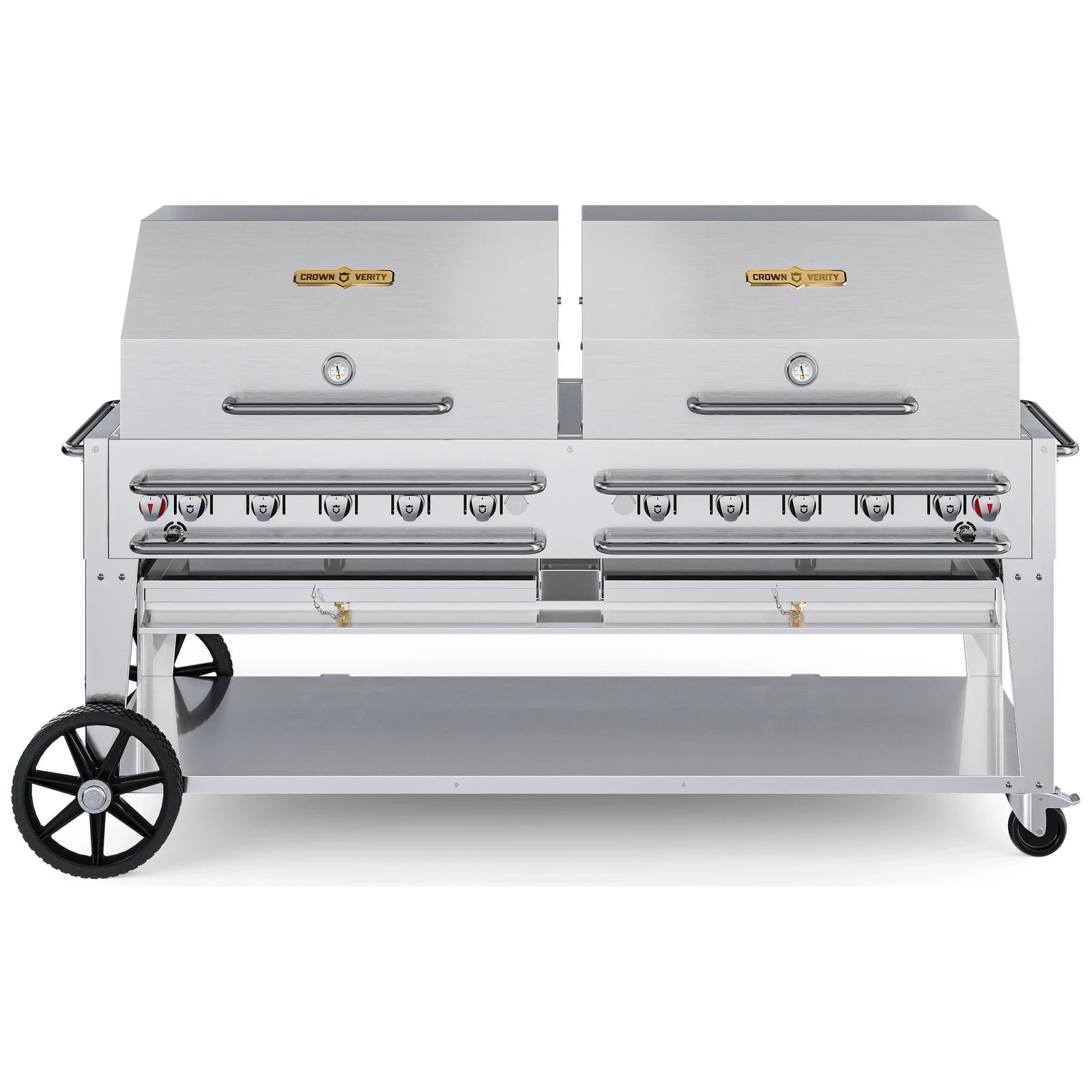 Crown Verity CV-RCB-72RDP 72" rental BBQ grill, with two roll domes package, stainless steel, front view