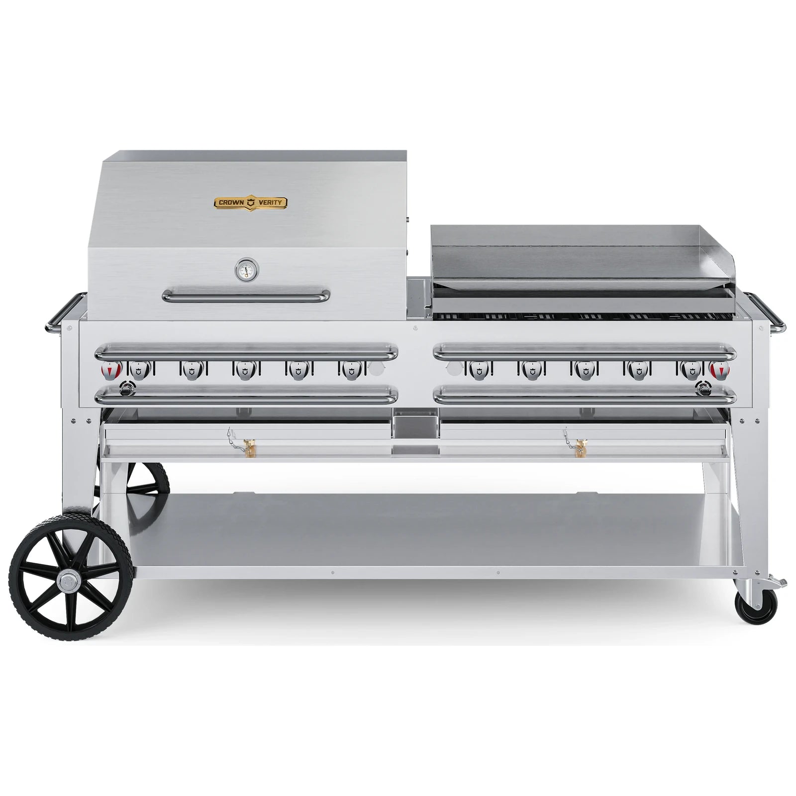 Crown Verity CV-RCB-72RGP 72" rental BBQ grill, with roll dome and Pro Series griddle package, stainless steel, front view