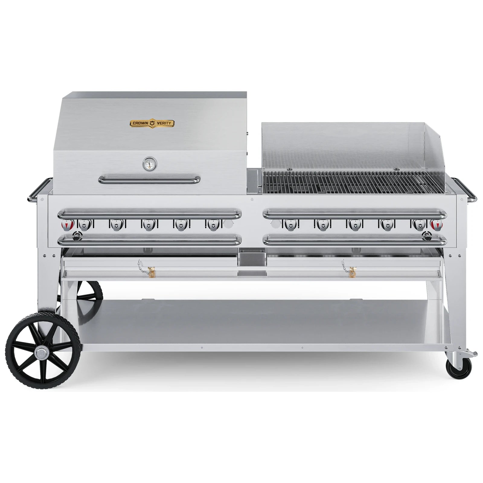 Crown Verity CV-RCB-72RWP 72" rental BBQ grill, with roll dome and windguard package, stainless steel, front view