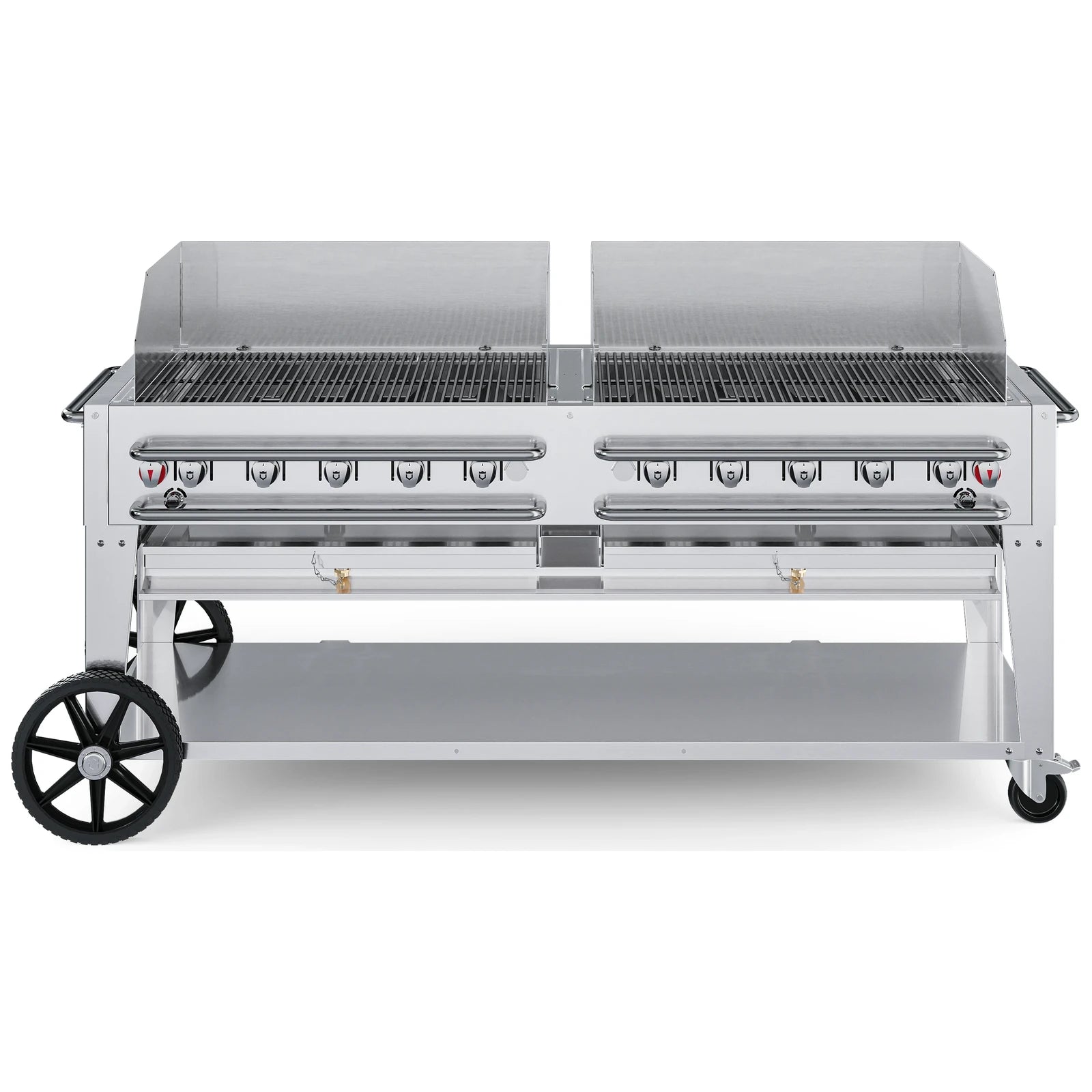 Crown Verity CV-RCB-72WGP 72" rental BBQ grill, with windguard package, stainless steel, front view
