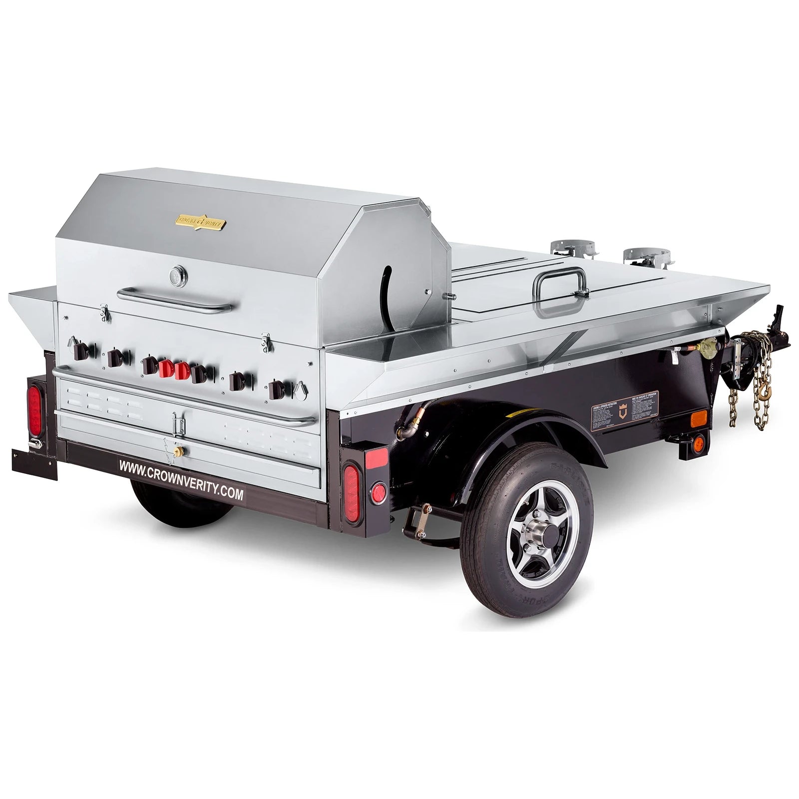 Crown Verity CV-TG-1 towable grill trailer with lockable storage, stainless steel, rear angle view